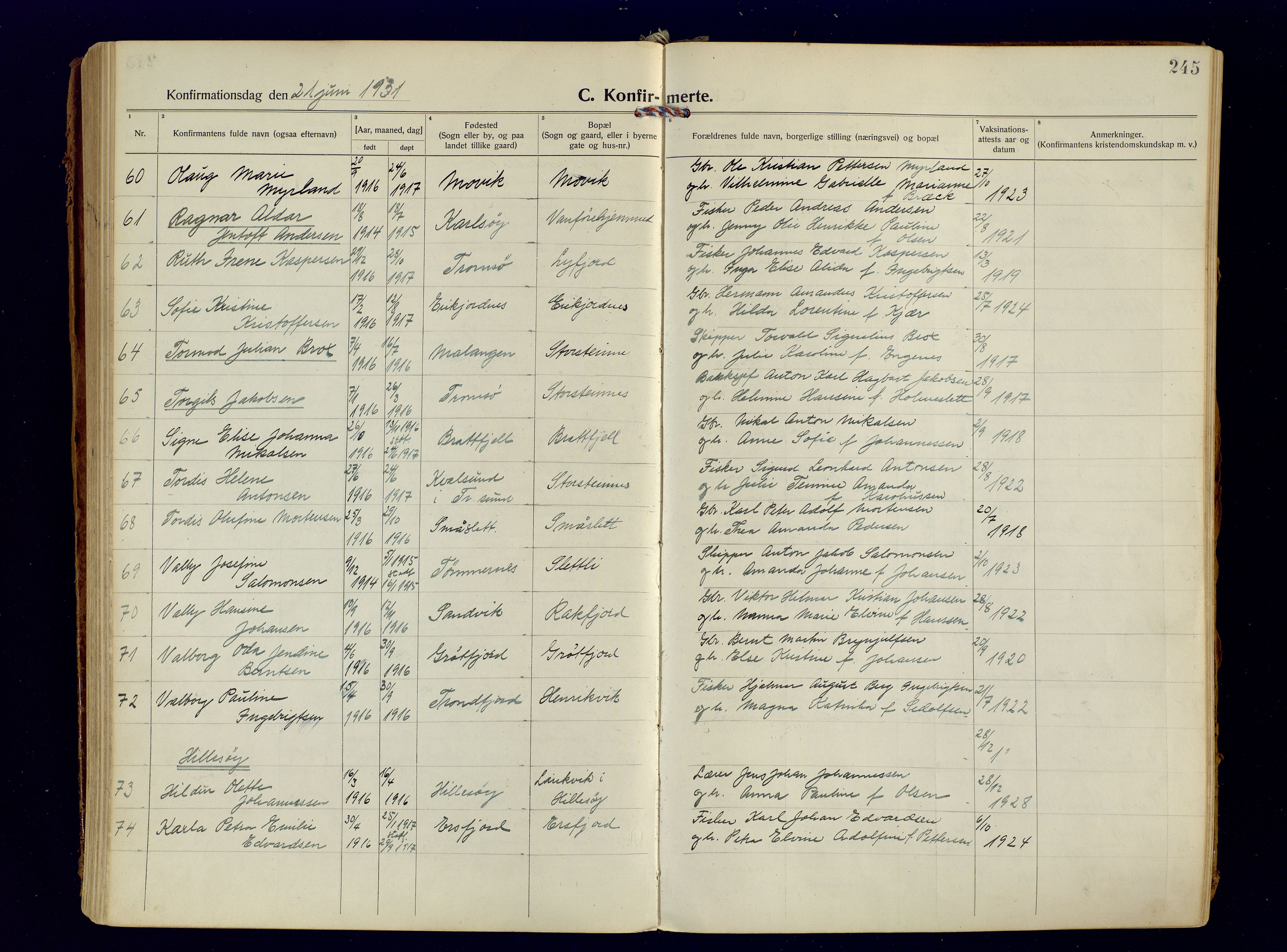 Tromsøysund sokneprestkontor, AV/SATØ-S-1304/G/Ga/L0009kirke: Parish register (official) no. 9, 1922-1934, p. 245