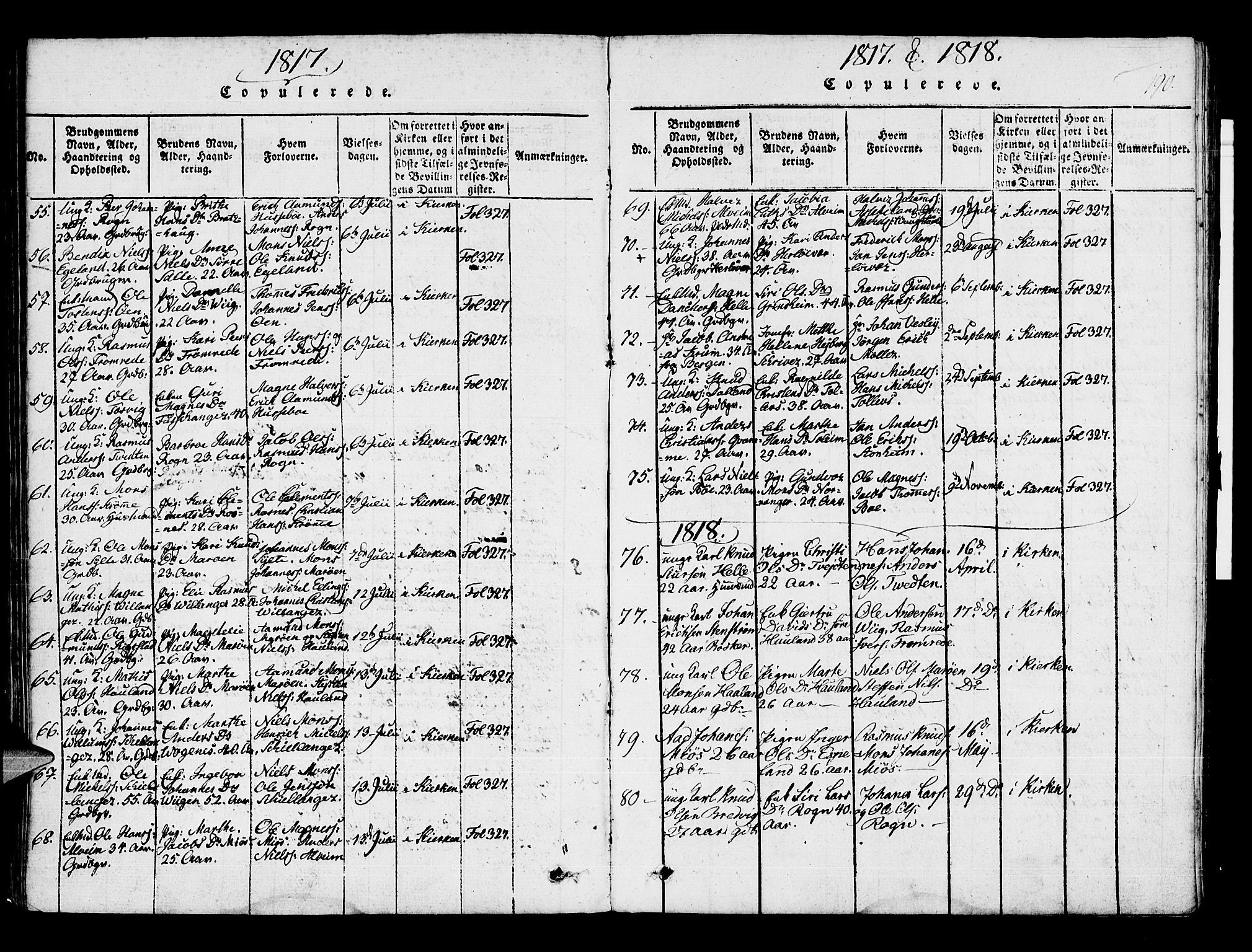 Manger sokneprestembete, SAB/A-76801/H/Haa: Parish register (official) no. A 3, 1816-1824, p. 190