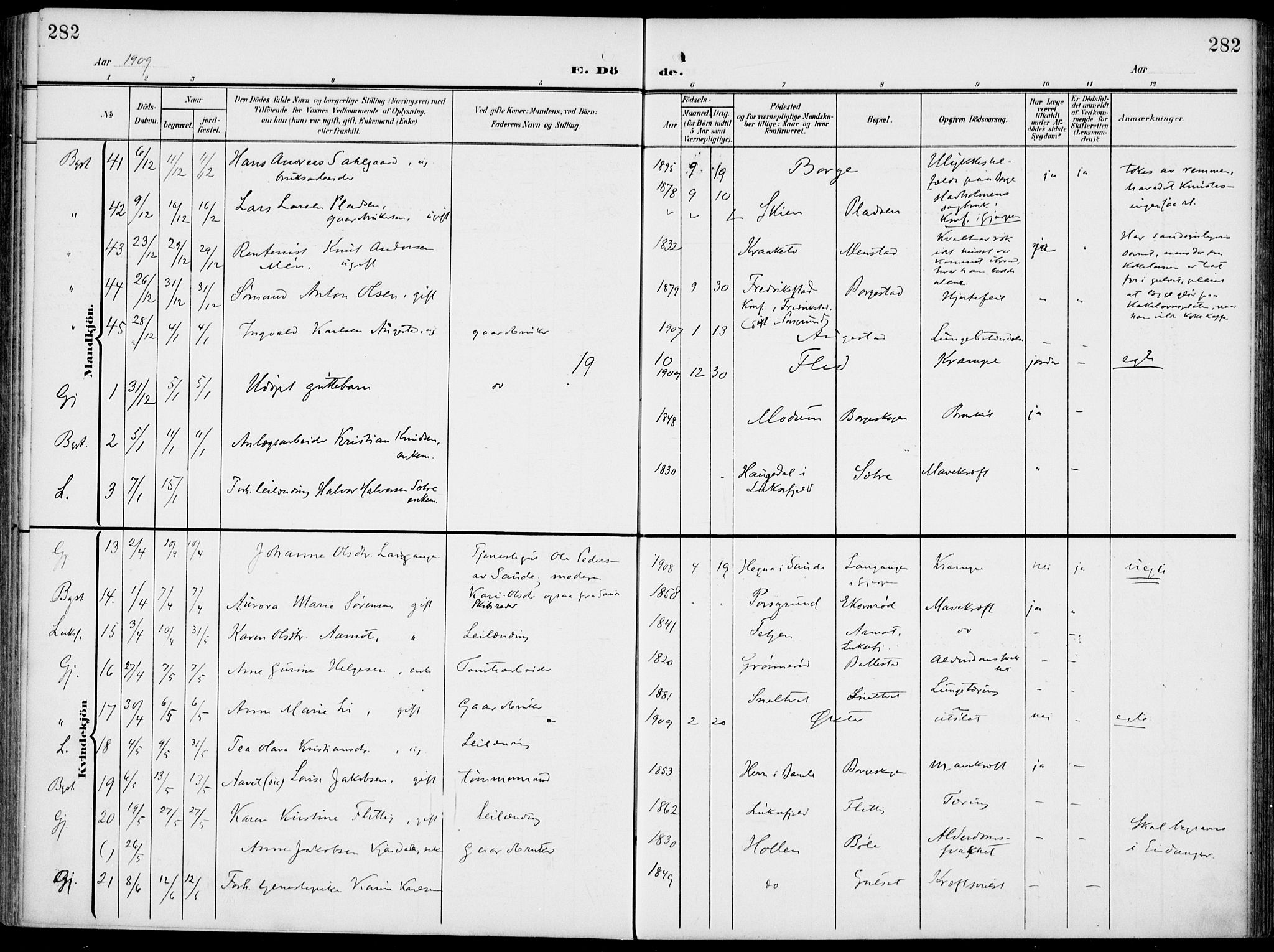 Gjerpen kirkebøker, SAKO/A-265/F/Fa/L0012: Parish register (official) no. I 12, 1905-1913, p. 282