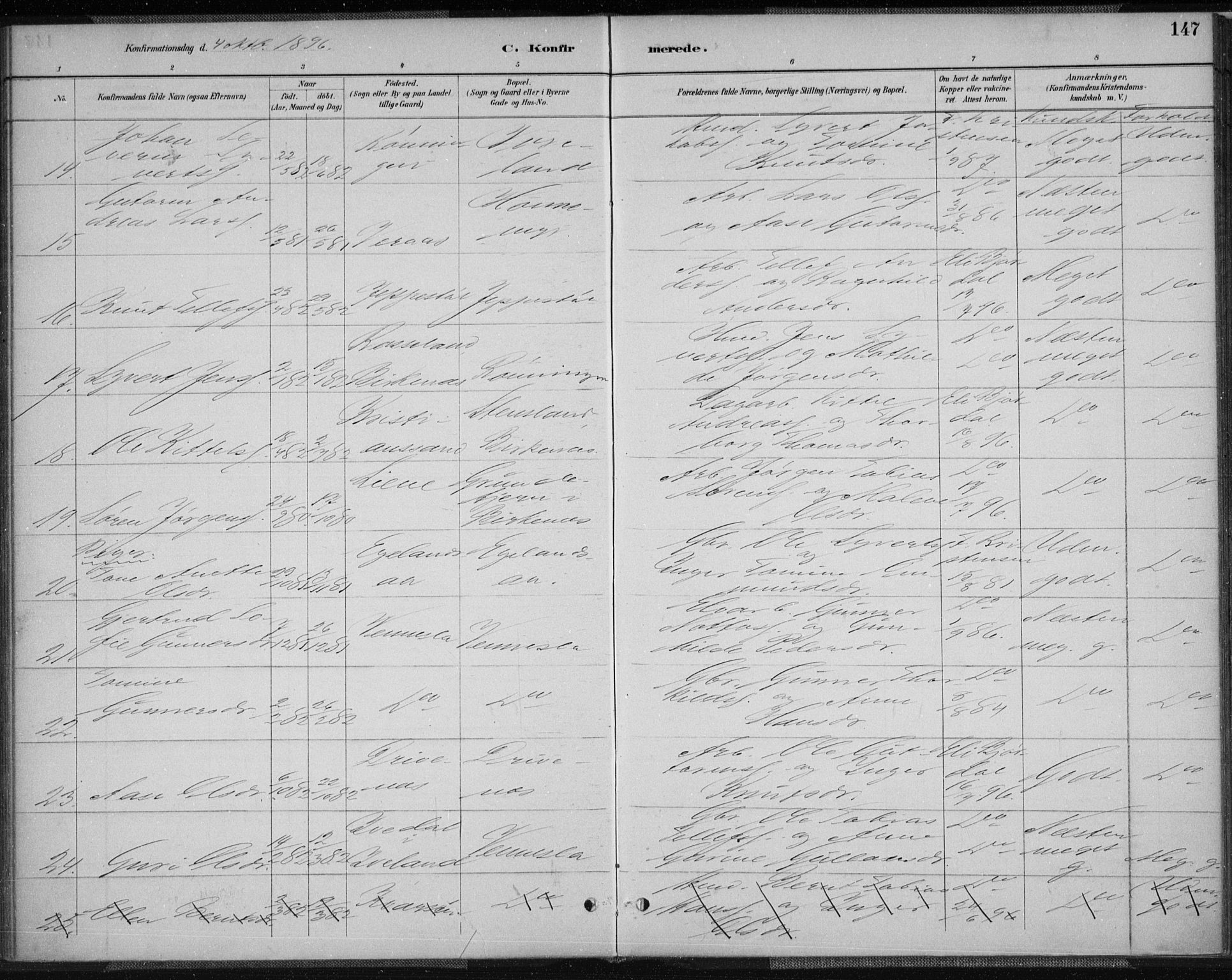 Vennesla sokneprestkontor, AV/SAK-1111-0045/Fa/Fab/L0004: Parish register (official) no. A 4, 1884-1896, p. 147