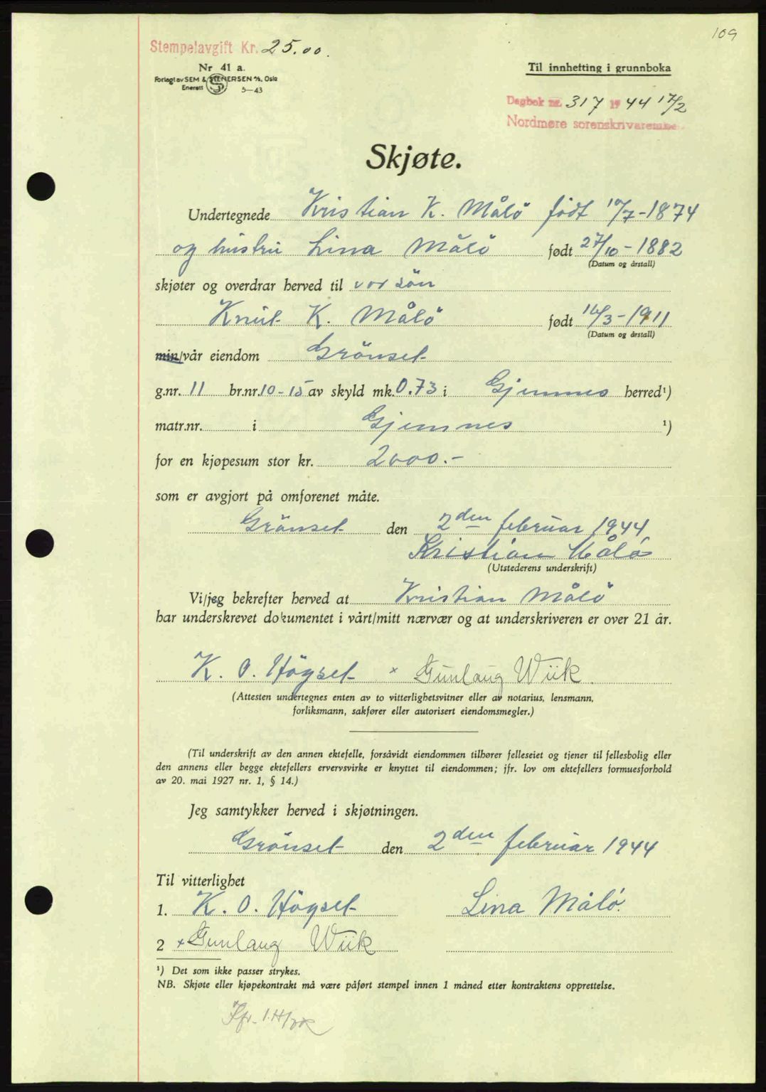 Nordmøre sorenskriveri, AV/SAT-A-4132/1/2/2Ca: Mortgage book no. A97, 1944-1944, Diary no: : 317/1944