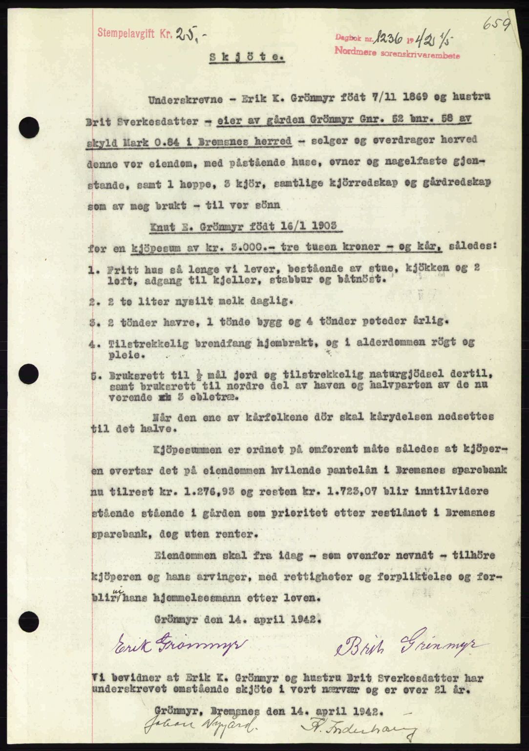 Nordmøre sorenskriveri, AV/SAT-A-4132/1/2/2Ca: Mortgage book no. A92, 1942-1942, Diary no: : 1236/1942