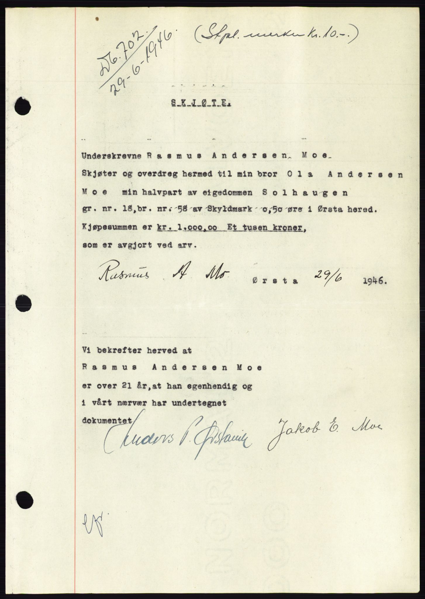 Søre Sunnmøre sorenskriveri, AV/SAT-A-4122/1/2/2C/L0078: Mortgage book no. 4A, 1946-1946, Diary no: : 702/1946