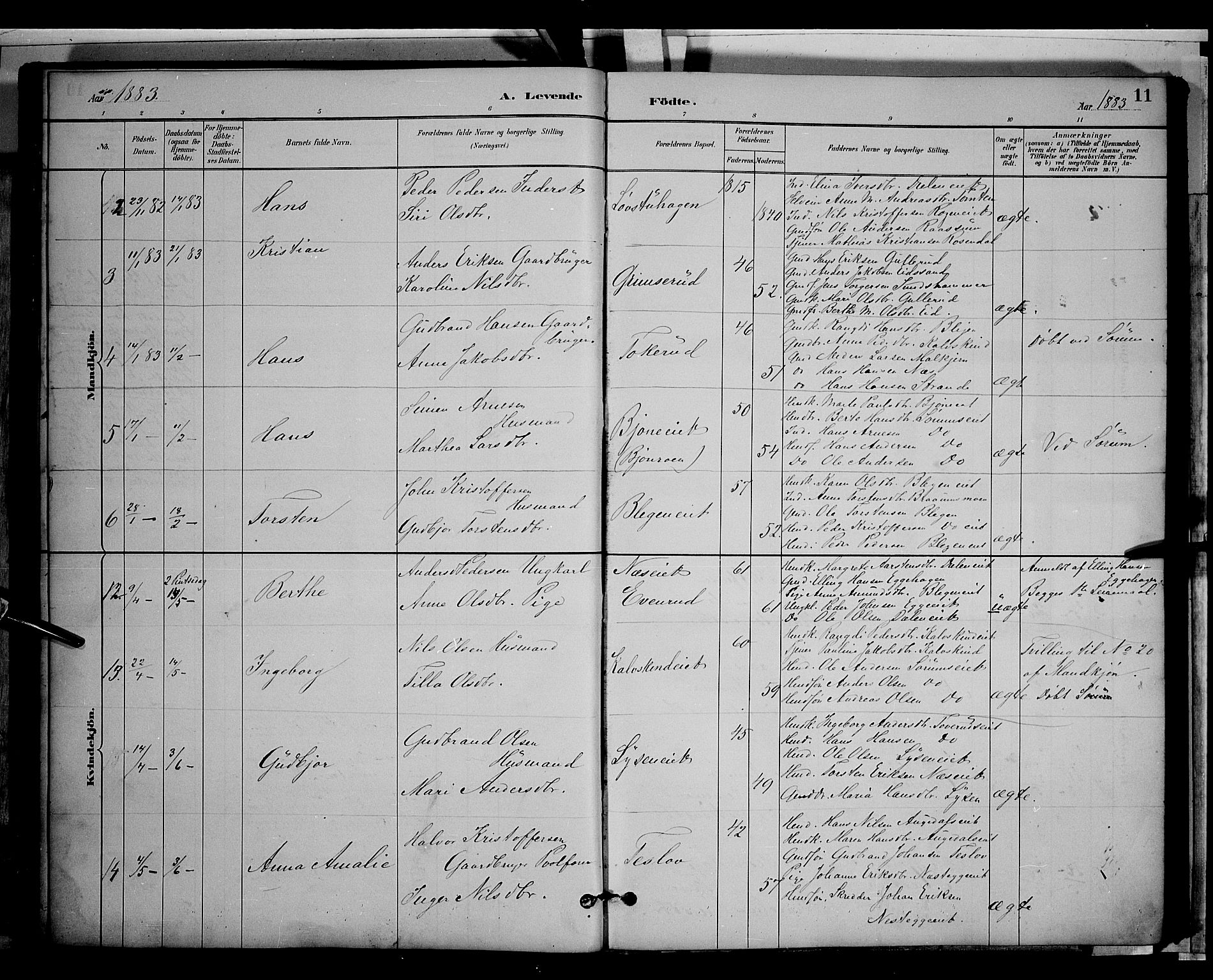 Gran prestekontor, SAH/PREST-112/H/Ha/Hab/L0003: Parish register (copy) no. 3, 1882-1890, p. 11