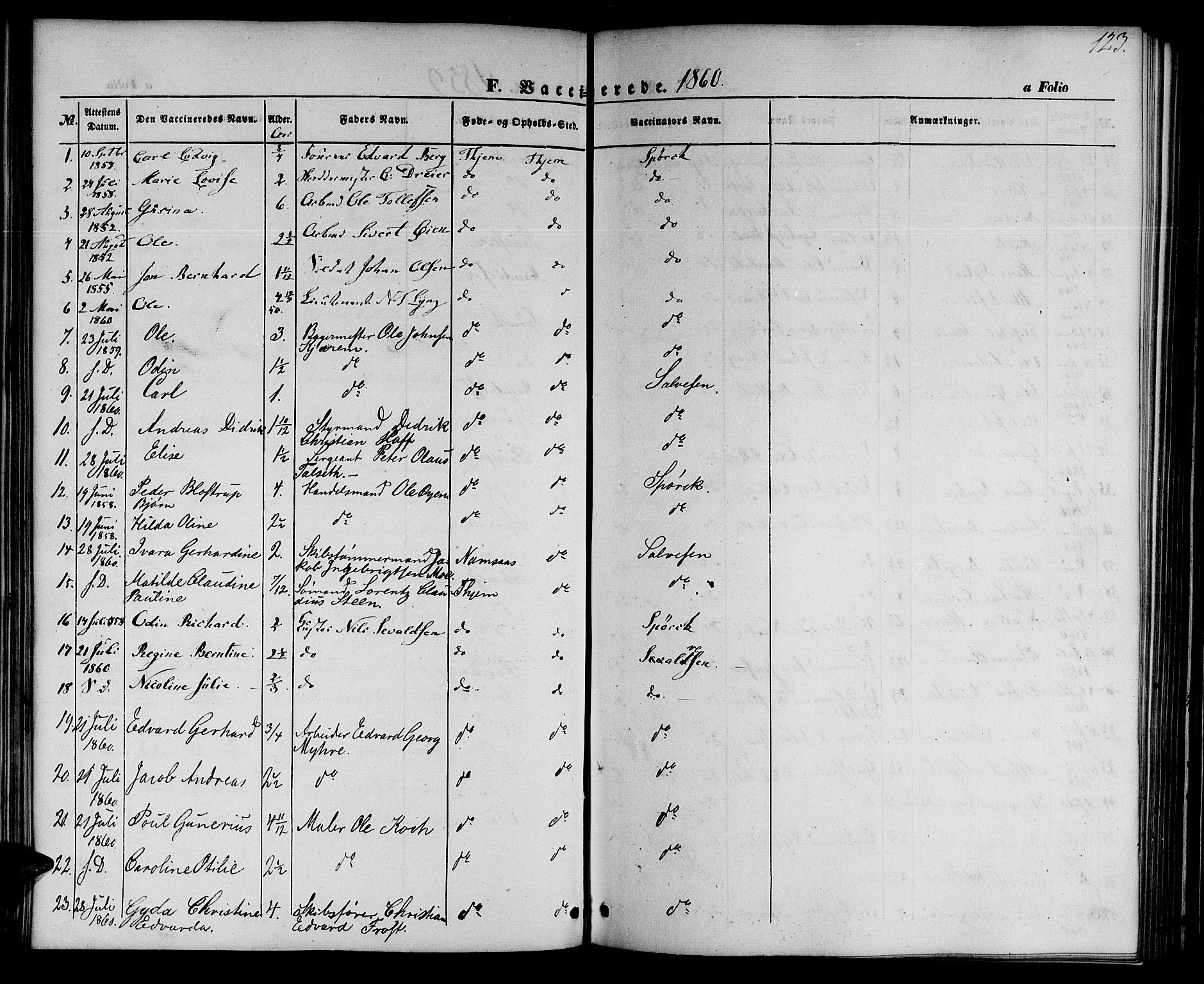 Ministerialprotokoller, klokkerbøker og fødselsregistre - Sør-Trøndelag, SAT/A-1456/602/L0113: Parish register (official) no. 602A11, 1849-1861, p. 123