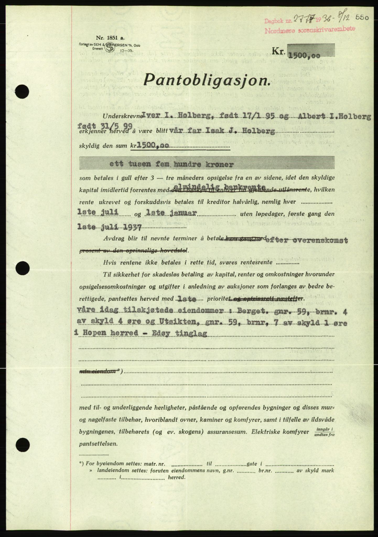 Nordmøre sorenskriveri, AV/SAT-A-4132/1/2/2Ca/L0090: Mortgage book no. B80, 1936-1937, Diary no: : 2777/1936