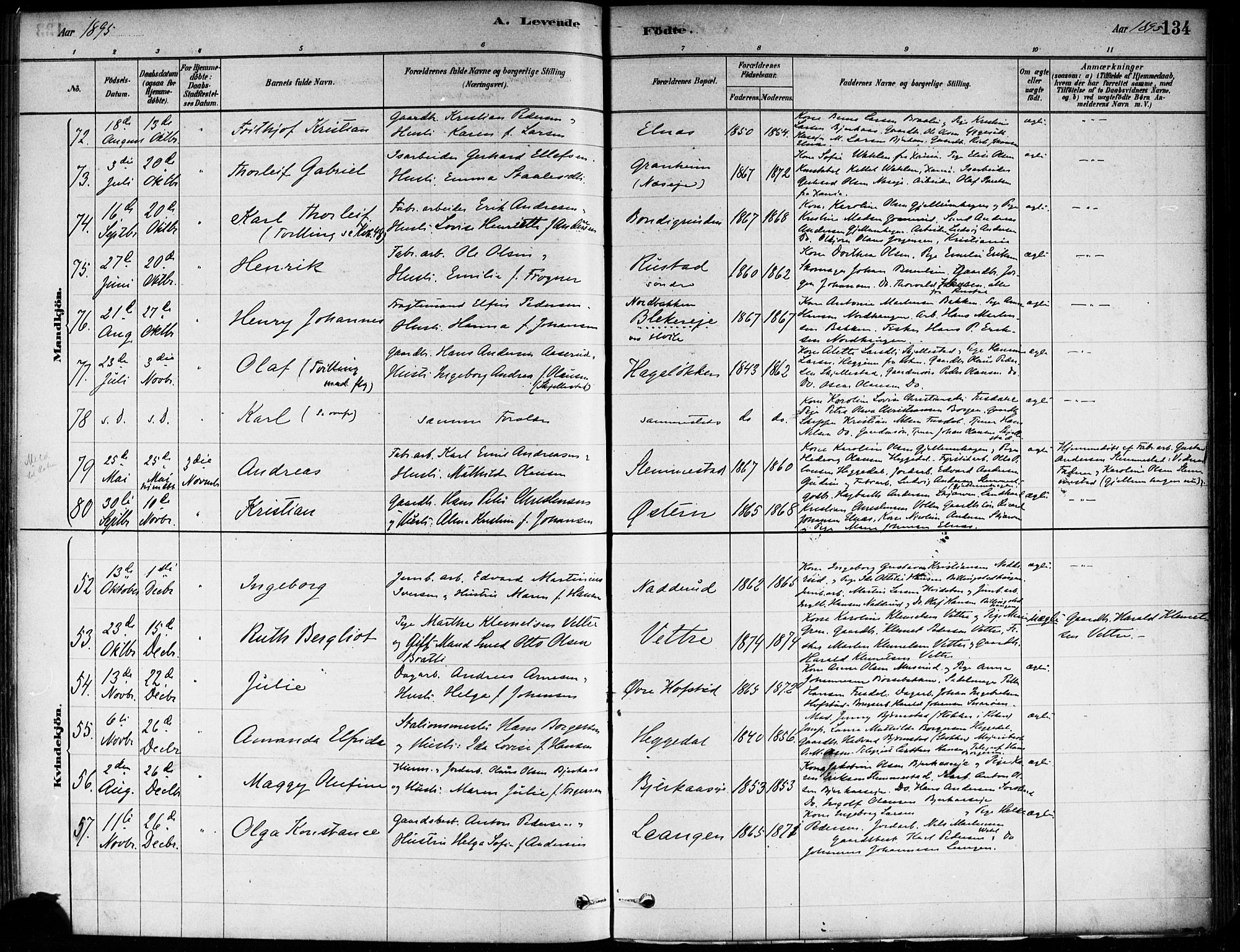 Asker prestekontor Kirkebøker, SAO/A-10256a/F/Fa/L0013: Parish register (official) no. I 13, 1879-1896, p. 134