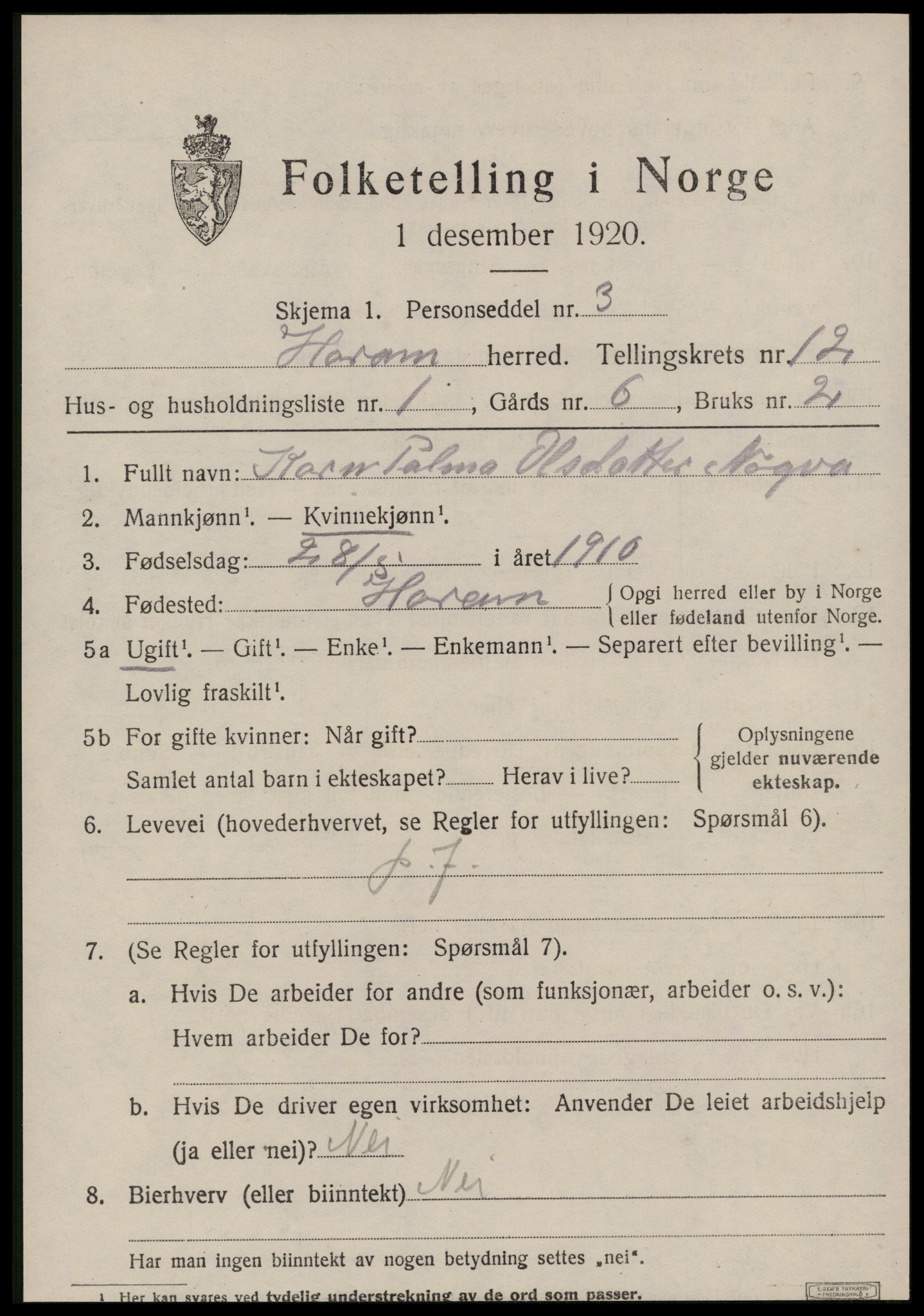 SAT, 1920 census for Haram, 1920, p. 6543