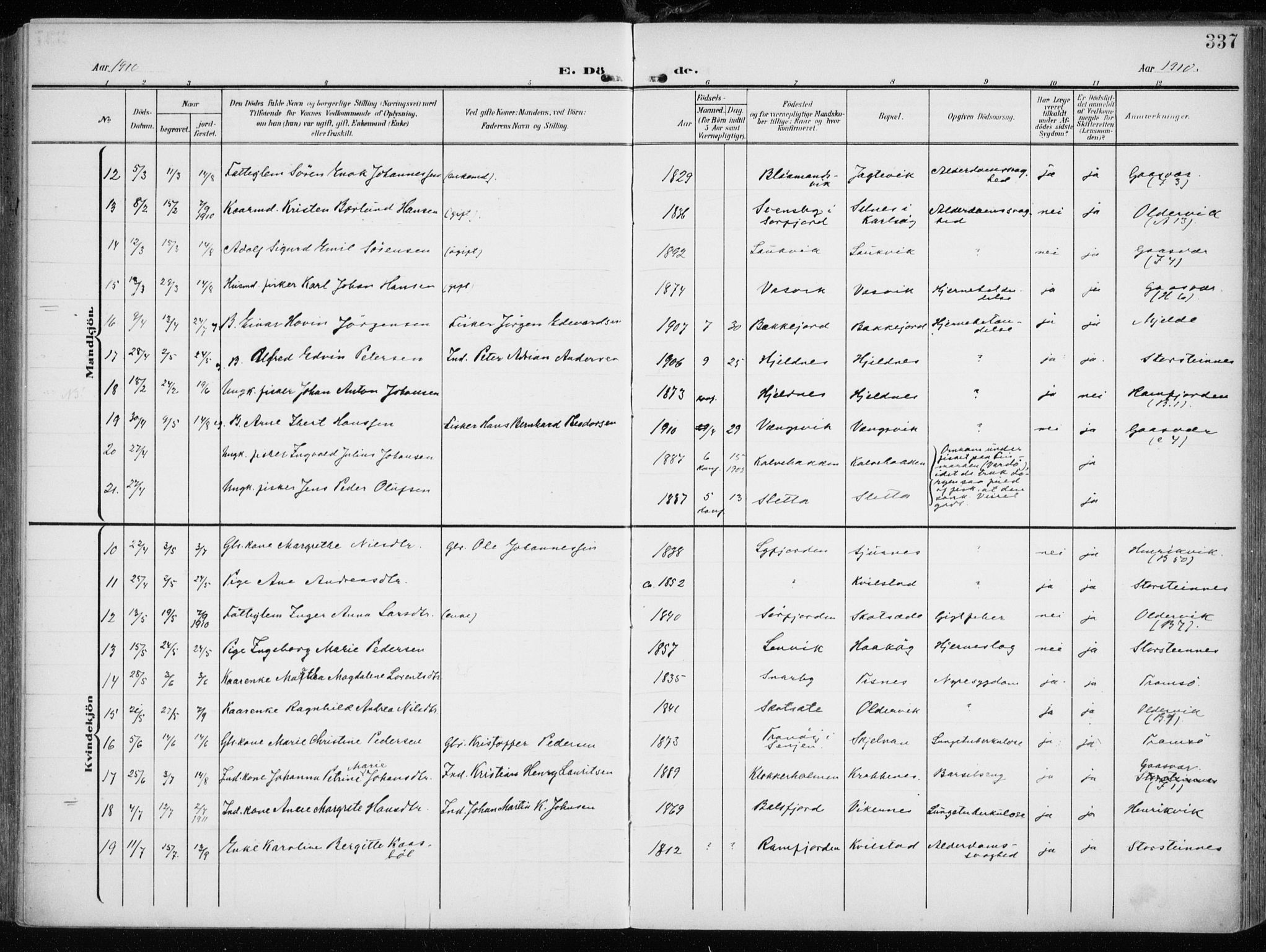 Tromsøysund sokneprestkontor, AV/SATØ-S-1304/G/Ga/L0007kirke: Parish register (official) no. 7, 1907-1914, p. 337