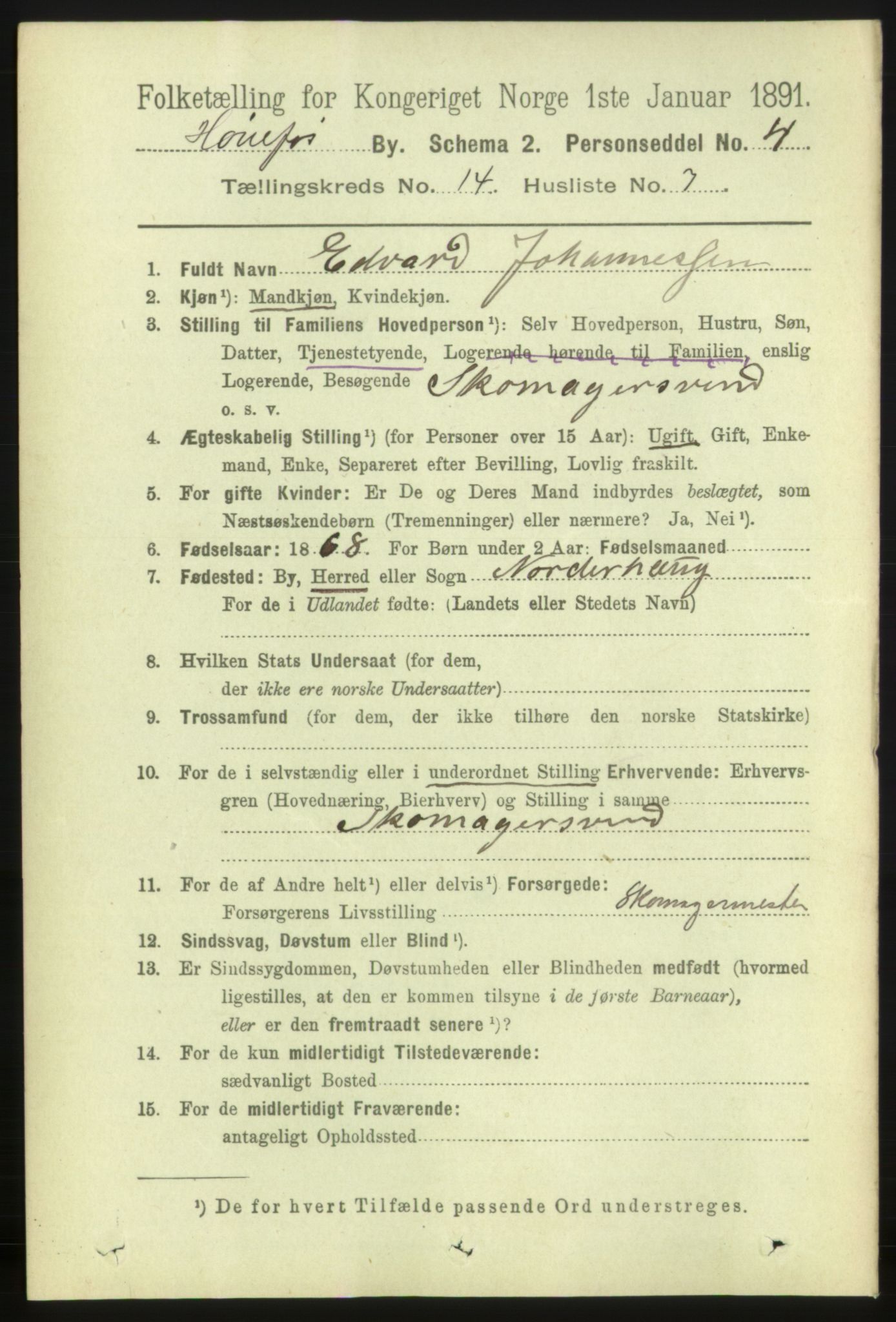 RA, 1891 census for 0601 Hønefoss, 1891, p. 1708