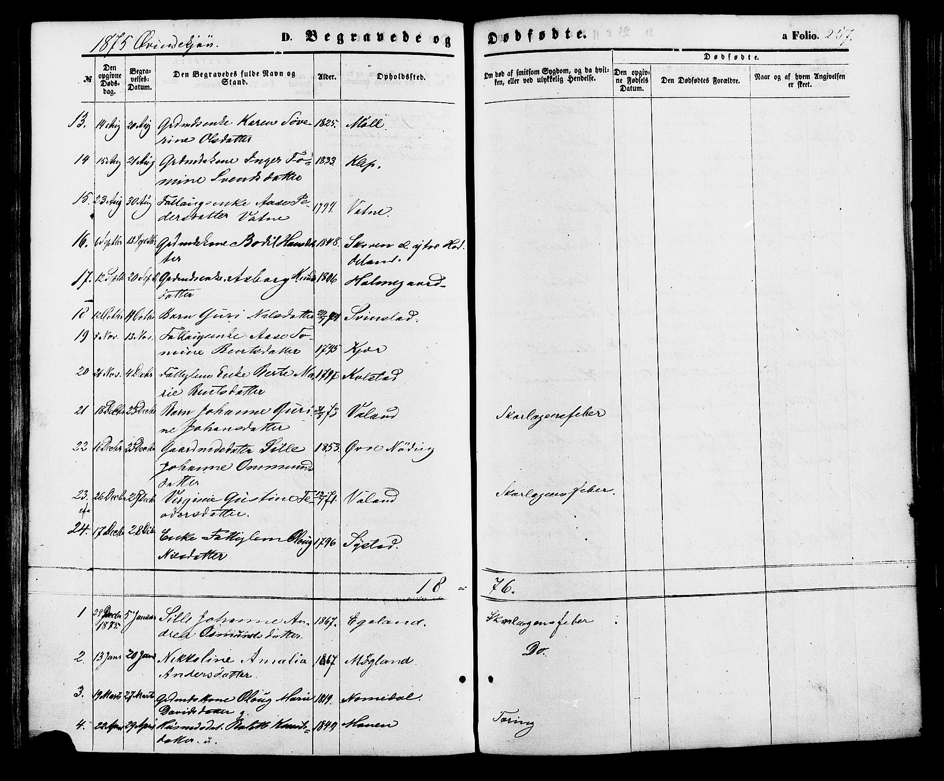 Holum sokneprestkontor, AV/SAK-1111-0022/F/Fa/Faa/L0006: Parish register (official) no. A 6, 1865-1883, p. 257