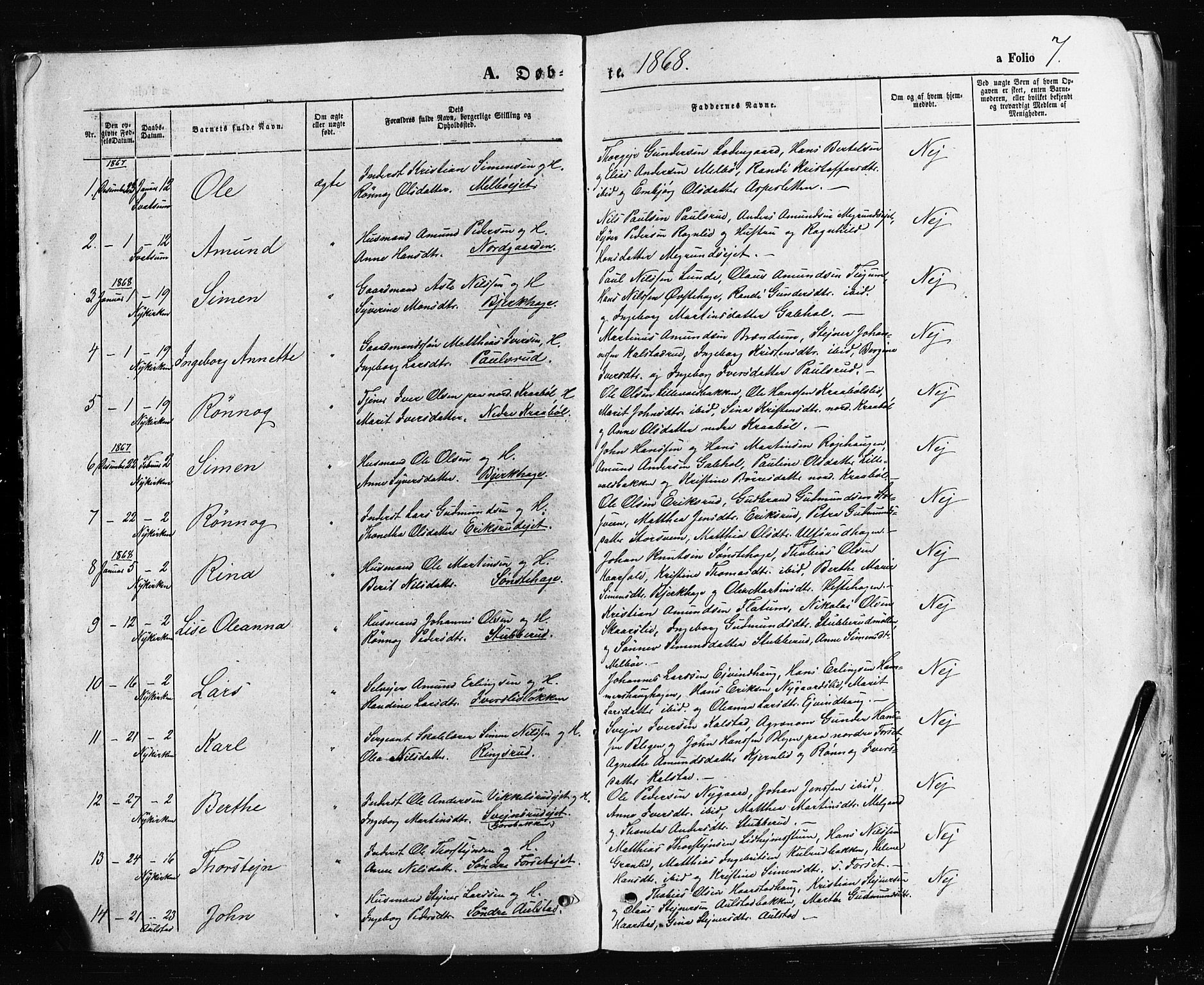 Gausdal prestekontor, AV/SAH-PREST-090/H/Ha/Haa/L0010: Parish register (official) no. 10, 1867-1886, p. 7