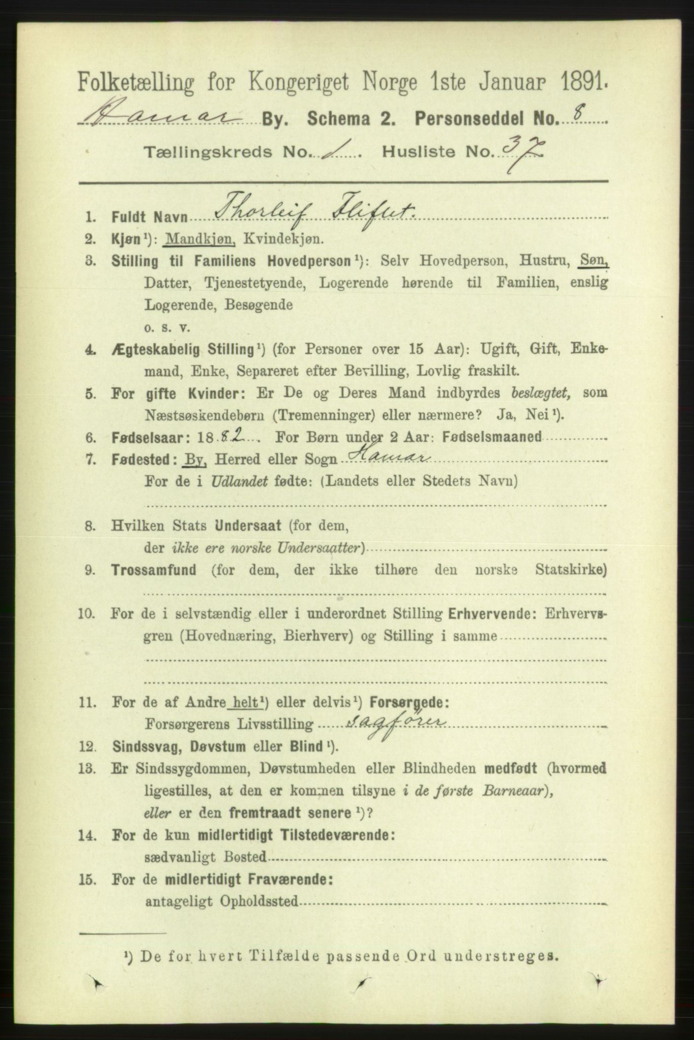 RA, 1891 census for 0401 Hamar, 1891, p. 524