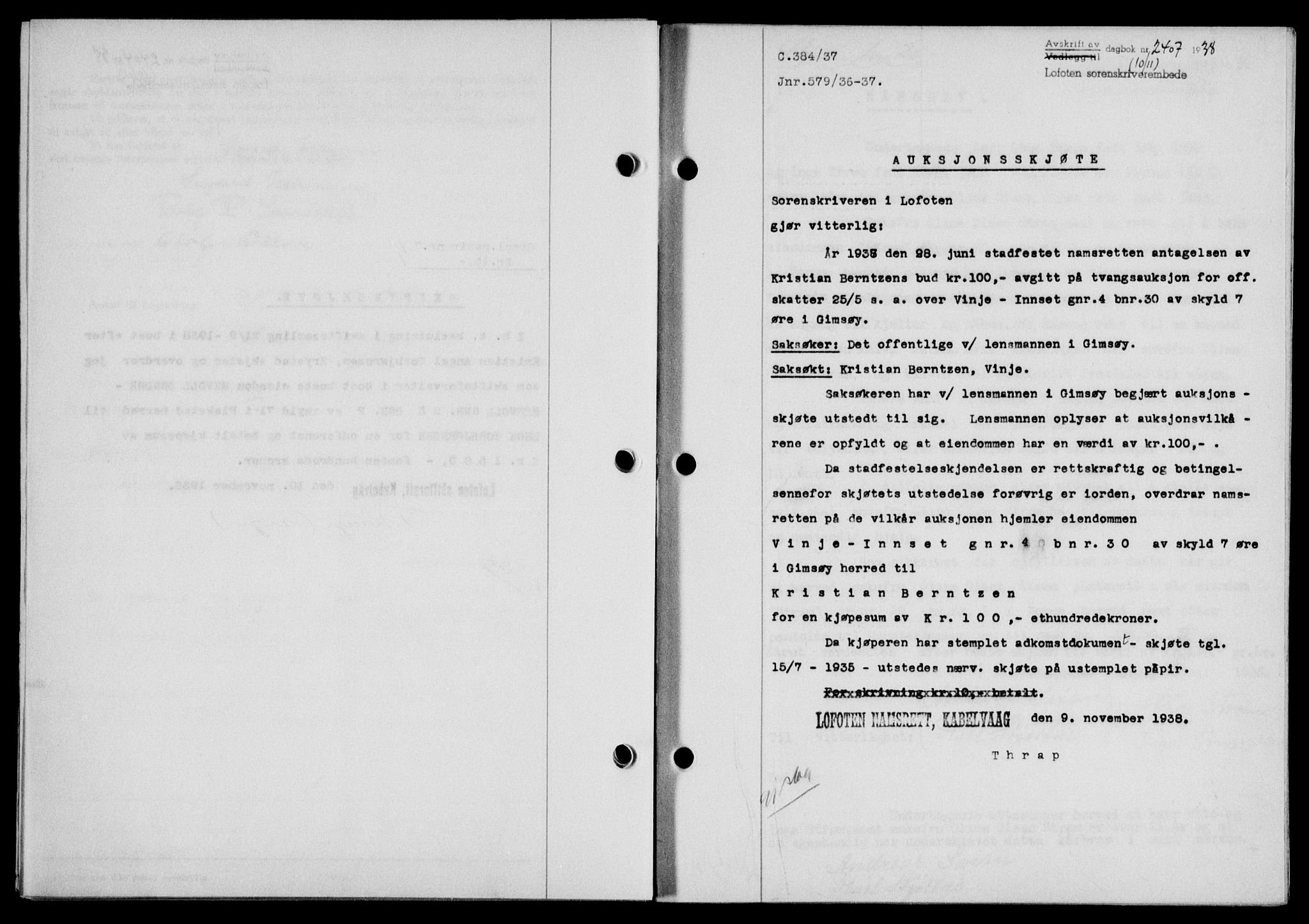 Lofoten sorenskriveri, SAT/A-0017/1/2/2C/L0004a: Mortgage book no. 4a, 1938-1938, Diary no: : 2407/1938