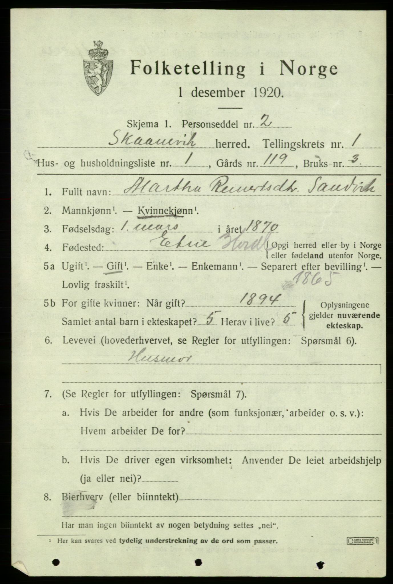 SAB, 1920 census for Skånevik, 1920, p. 2283