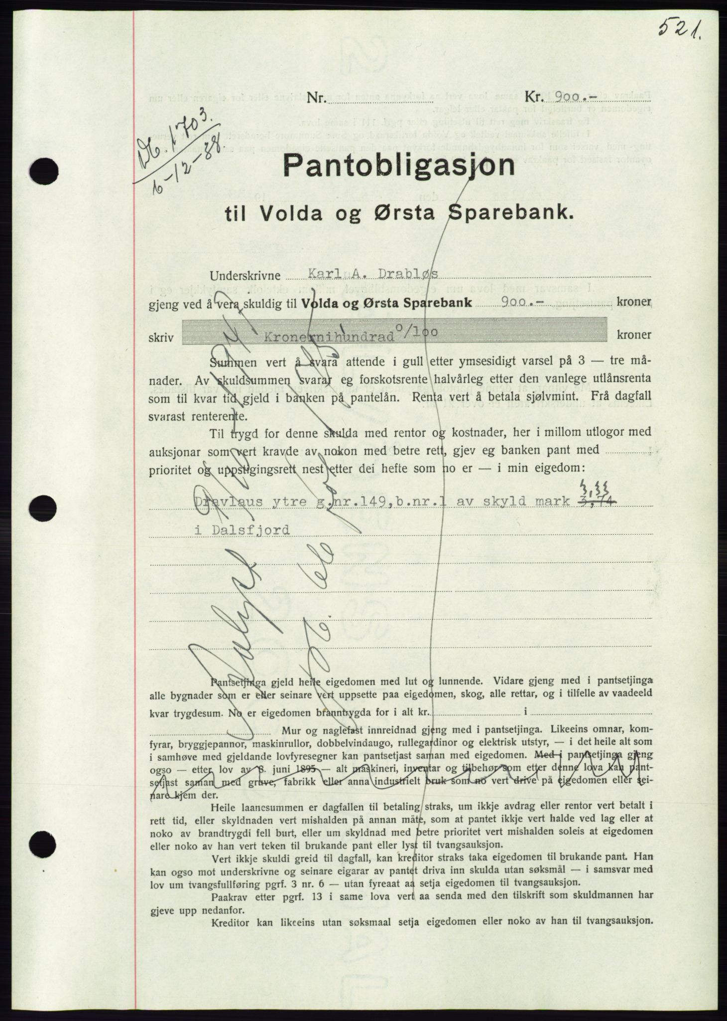 Søre Sunnmøre sorenskriveri, AV/SAT-A-4122/1/2/2C/L0066: Mortgage book no. 60, 1938-1938, Diary no: : 1703/1938