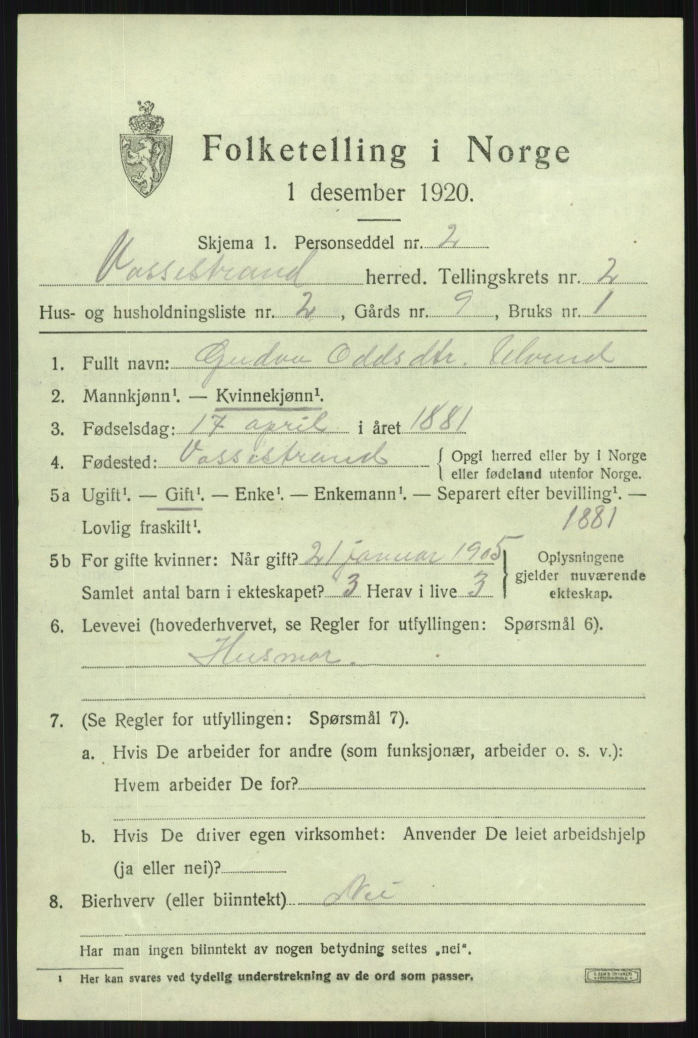 SAB, 1920 census for Vossestrand, 1920, p. 1116