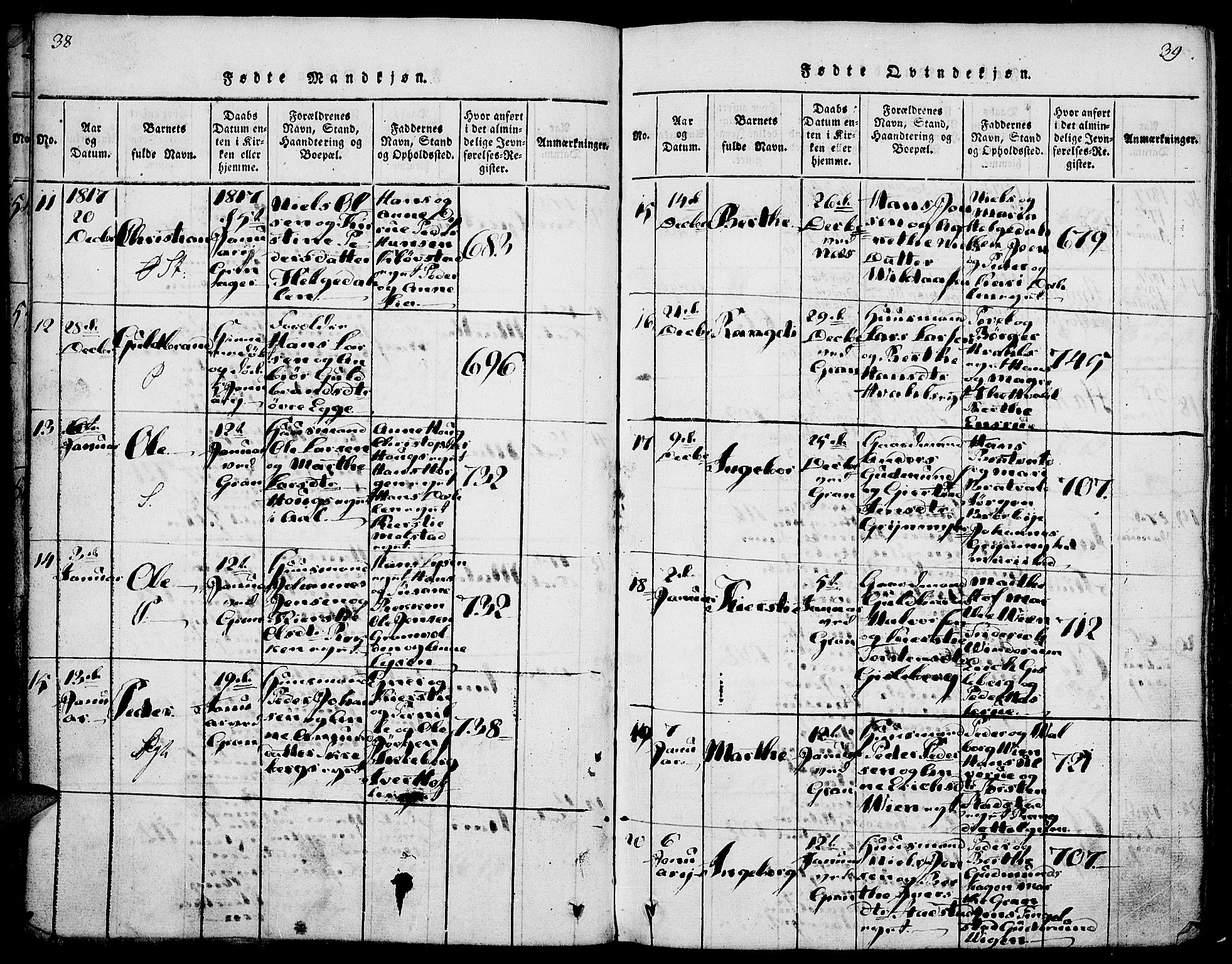 Gran prestekontor, AV/SAH-PREST-112/H/Ha/Haa/L0009: Parish register (official) no. 9, 1815-1824, p. 38-39