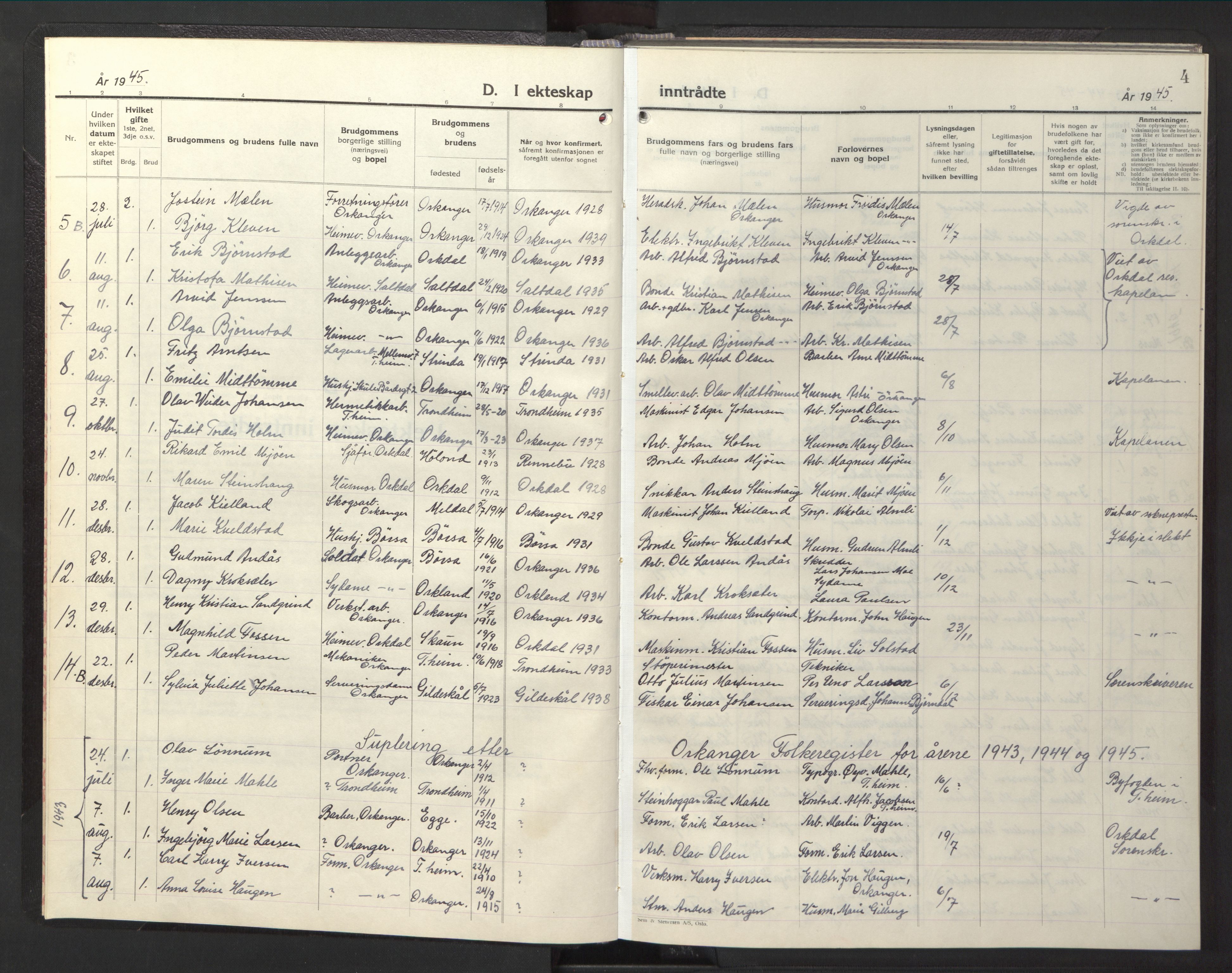 Ministerialprotokoller, klokkerbøker og fødselsregistre - Sør-Trøndelag, SAT/A-1456/669/L0833: Parish register (copy) no. 669C03, 1945-1950, p. 4