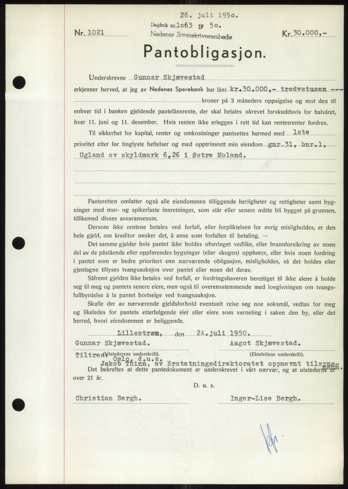 Nedenes sorenskriveri, AV/SAK-1221-0006/G/Gb/Gbb/L0007: Mortgage book no. B7, 1949-1950, Diary no: : 1063/1950