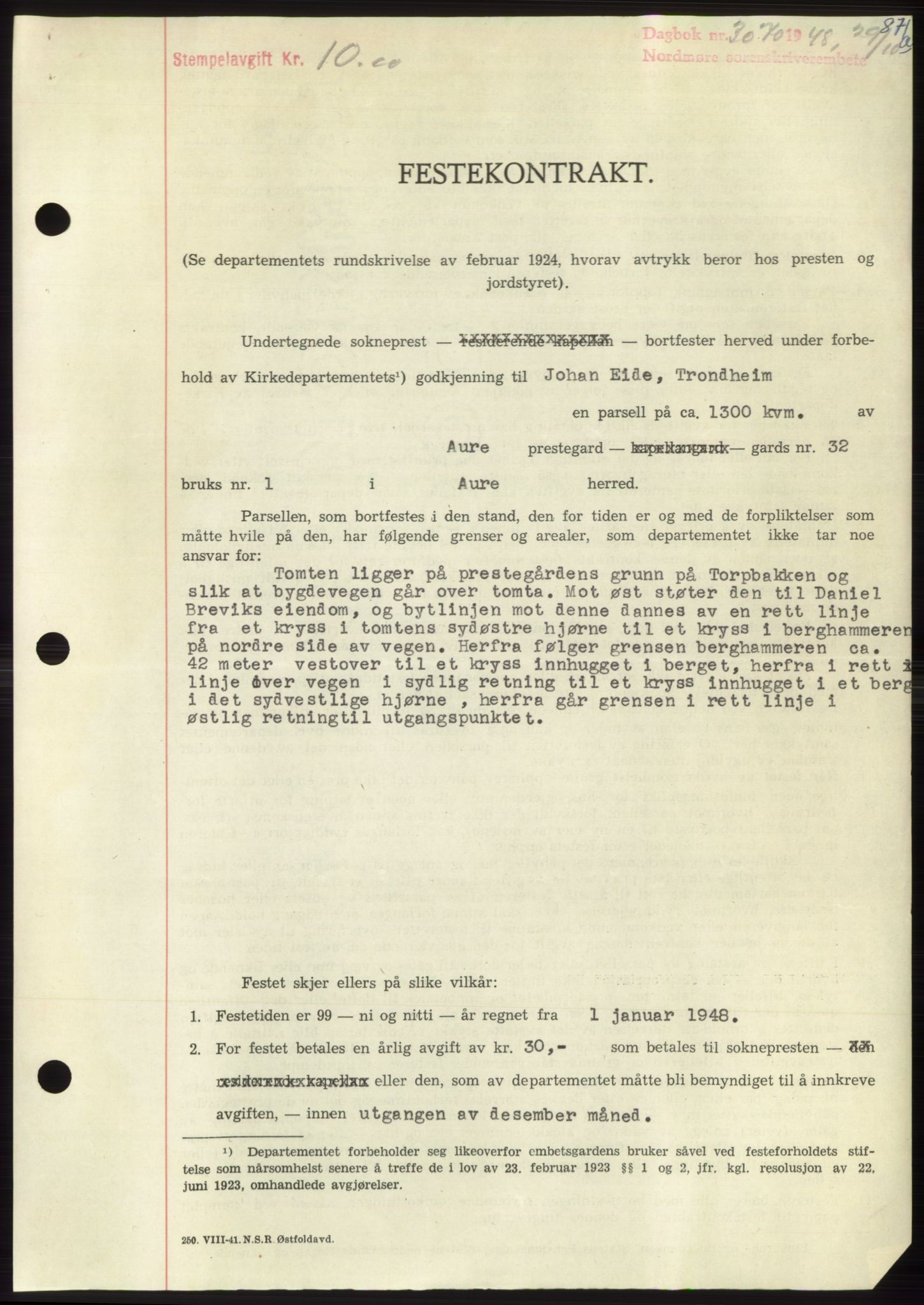 Nordmøre sorenskriveri, AV/SAT-A-4132/1/2/2Ca: Mortgage book no. B99, 1948-1948, Diary no: : 3070/1948