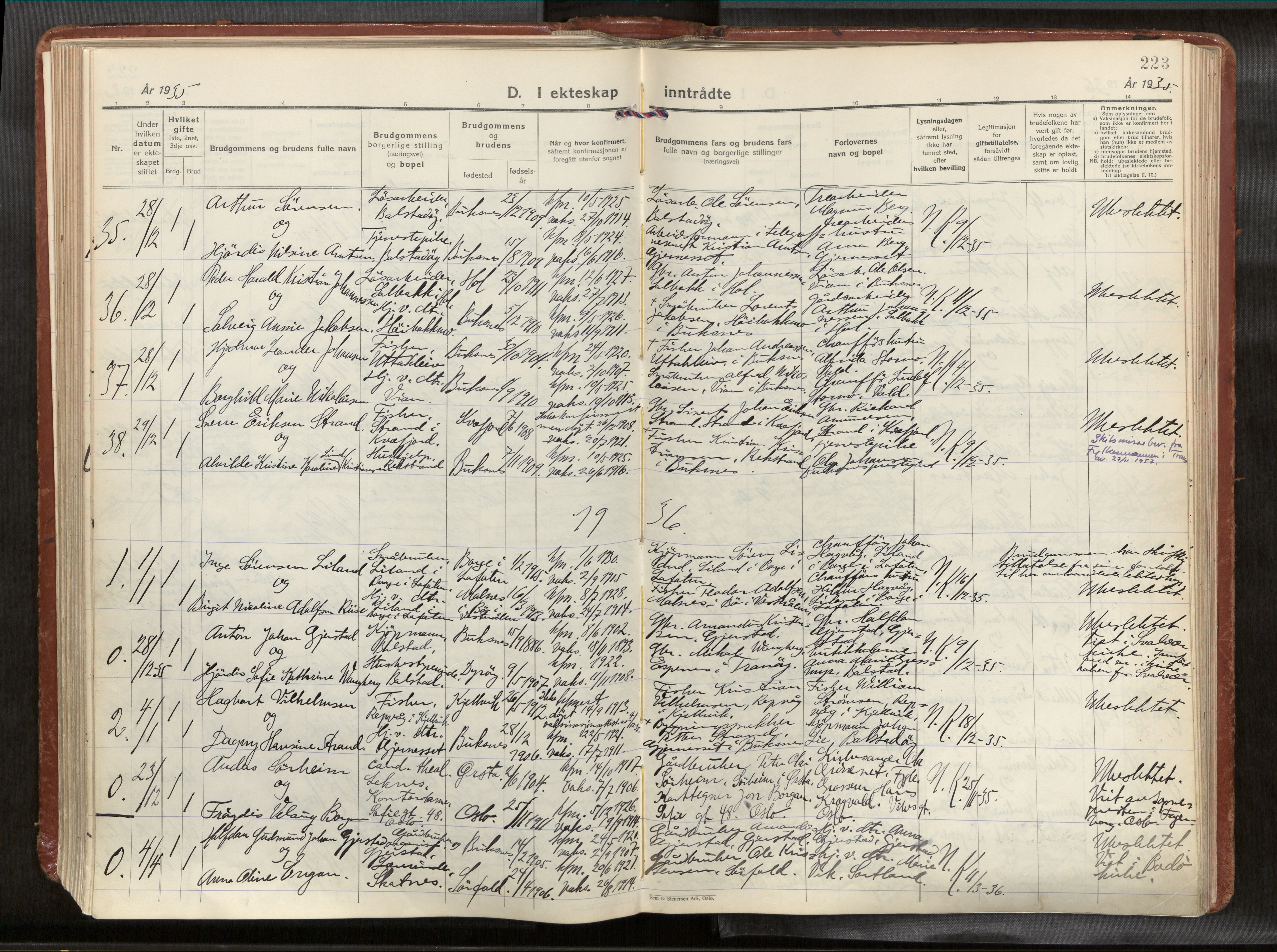 Ministerialprotokoller, klokkerbøker og fødselsregistre - Nordland, AV/SAT-A-1459/881/L1161: Parish register (official) no. 881A14, 1932-1955, p. 223