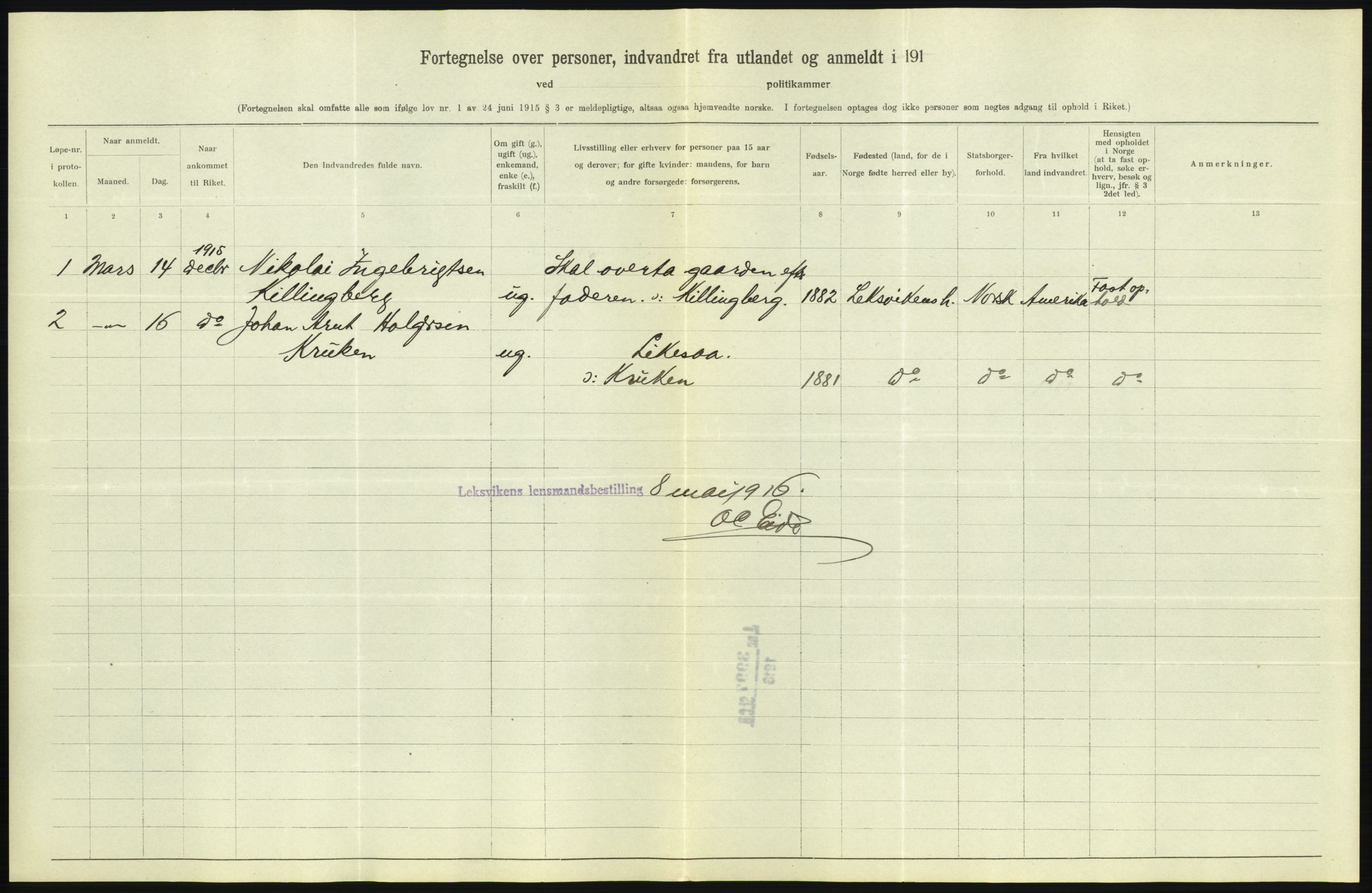 Statistisk sentralbyrå, Sosioøkonomiske emner, Folketellinger, boliger og boforhold, AV/RA-S-2231/F/Fa/L0001: Innvandring. Navn/fylkesvis, 1915, p. 552