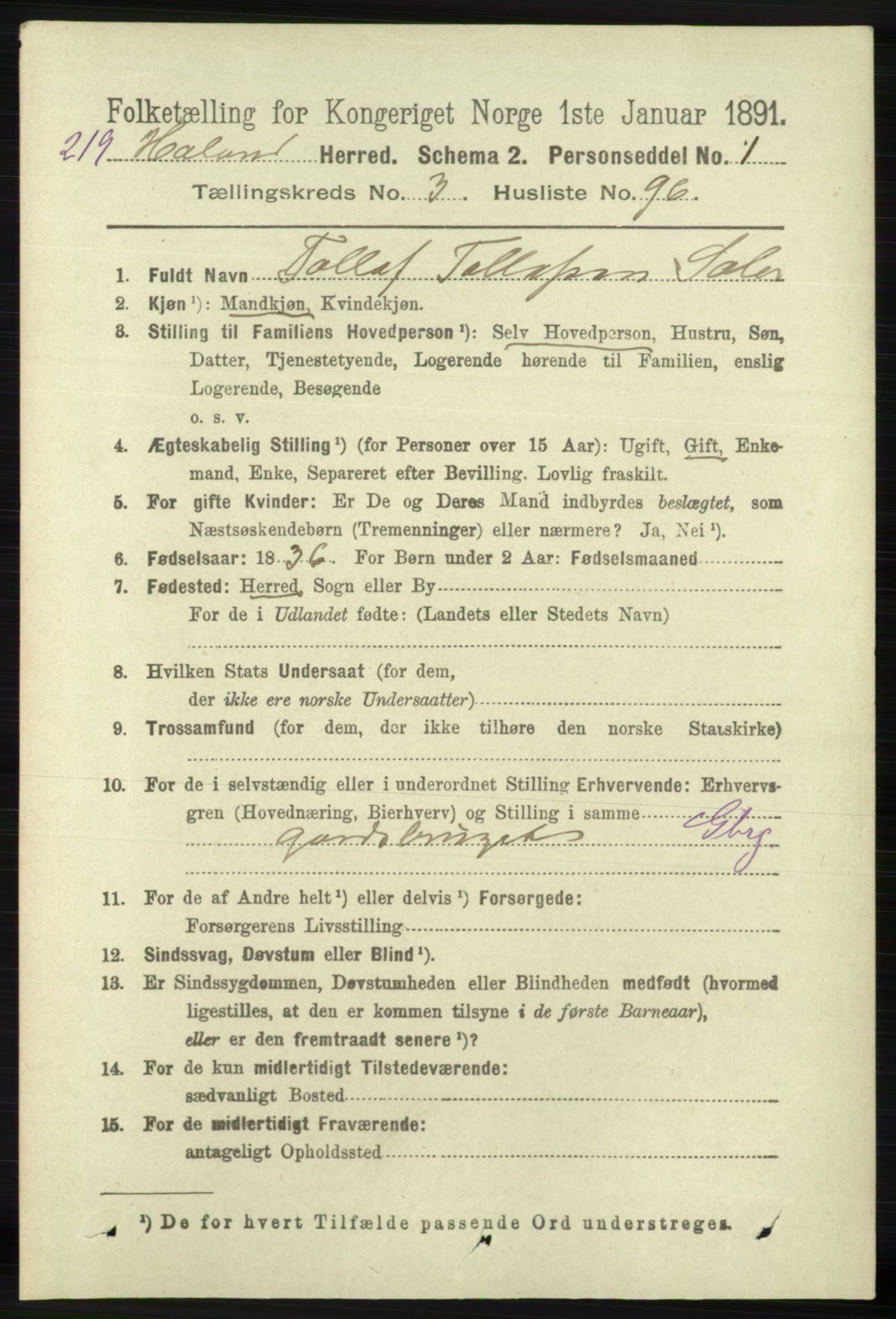 RA, 1891 census for 1124 Haaland, 1891, p. 2280