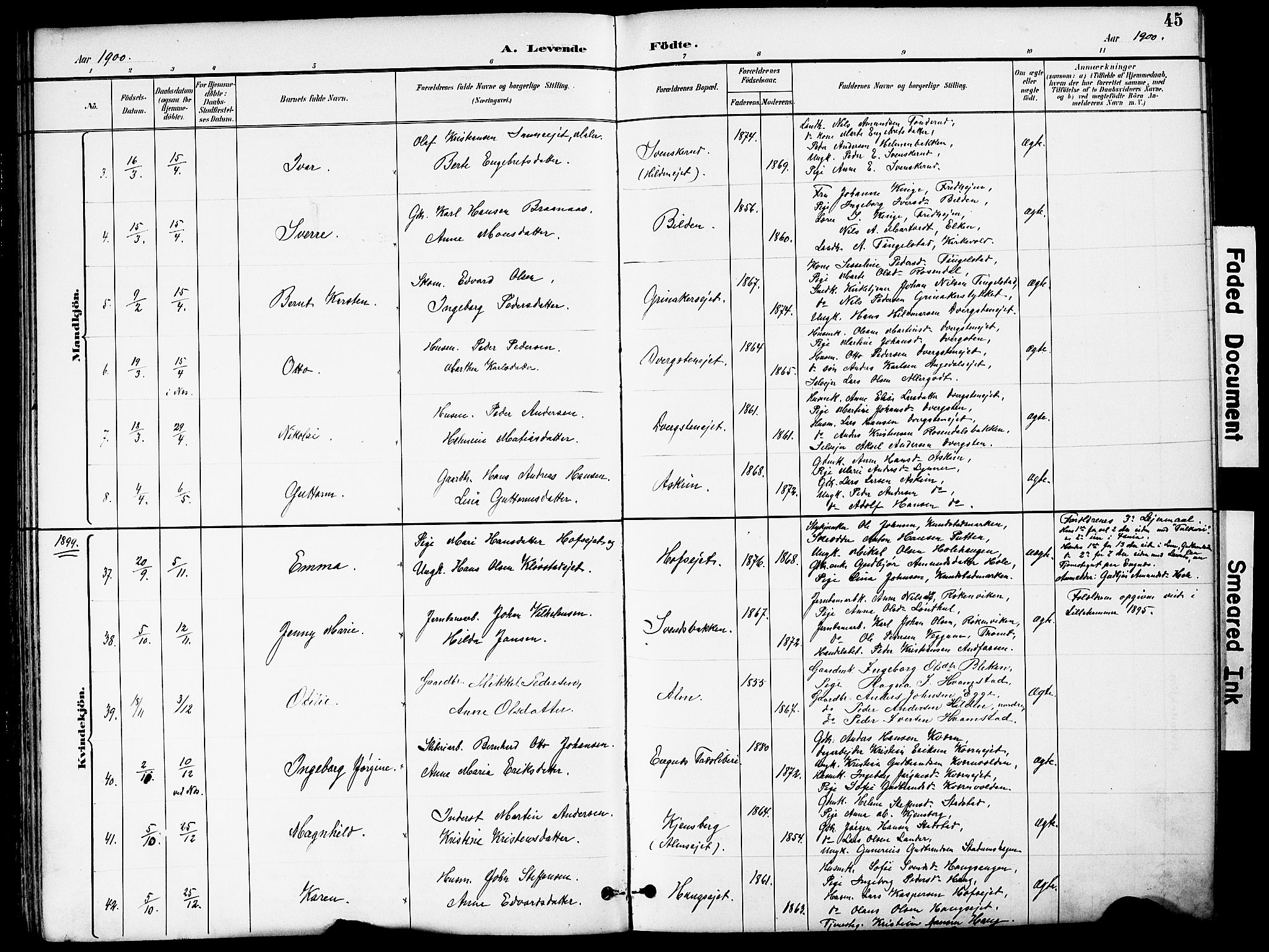 Brandbu prestekontor, SAH/PREST-114/H/Ha/Hab/L0006: Parish register (copy) no. 6, 1893-1902, p. 45