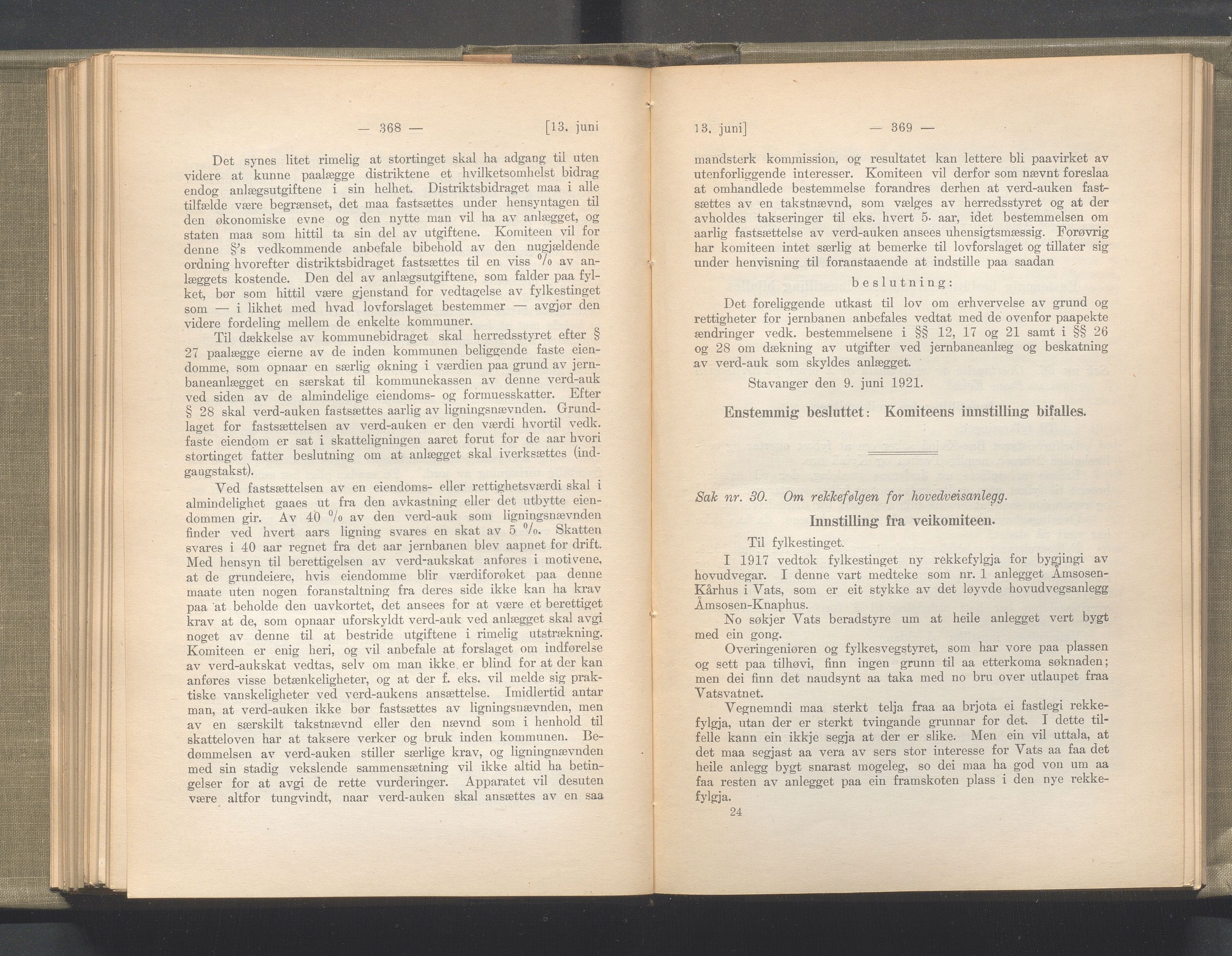 Rogaland fylkeskommune - Fylkesrådmannen , IKAR/A-900/A/Aa/Aaa/L0040: Møtebok , 1921, p. 368-369