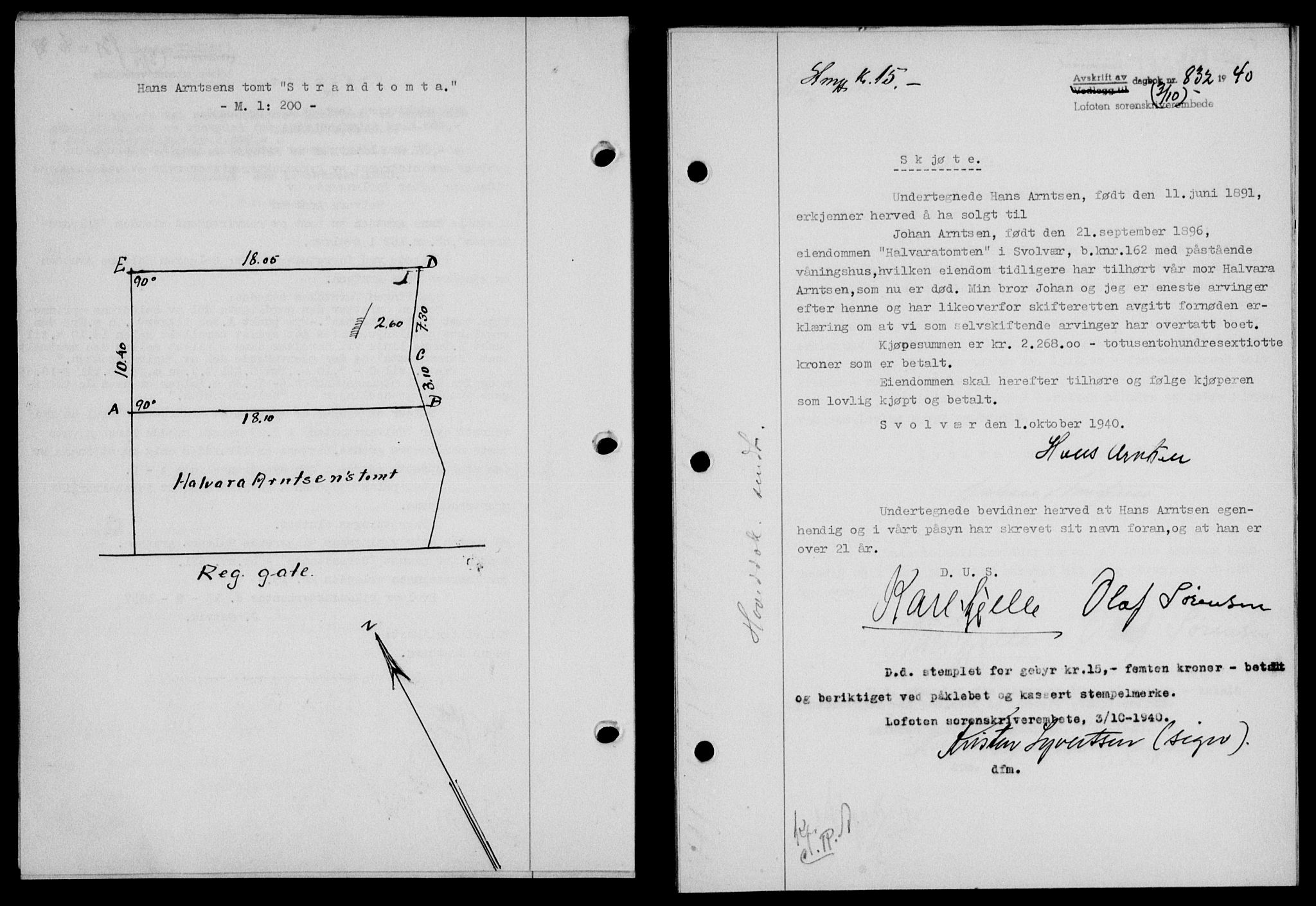 Lofoten sorenskriveri, SAT/A-0017/1/2/2C/L0007a: Mortgage book no. 7a, 1939-1940, Diary no: : 832/1940