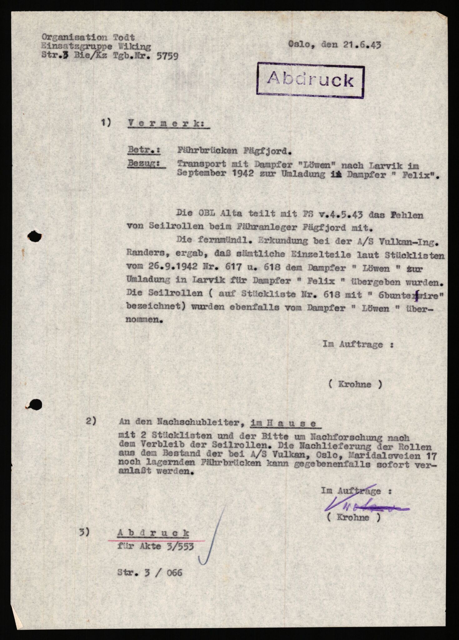 Tyske arkiver, Organisation Todt (OT), Einsatzgruppe Wiking, AV/RA-RAFA-2188/1/E/E2/E2d/L0023: Fähren und Anlegen, 1942-1944, p. 162