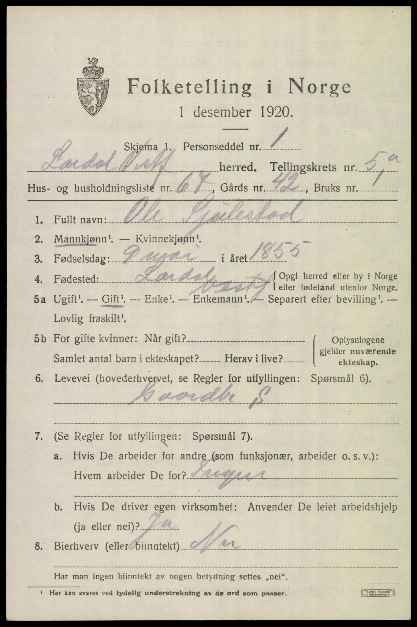 SAKO, 1920 census for Lardal, 1920, p. 5211