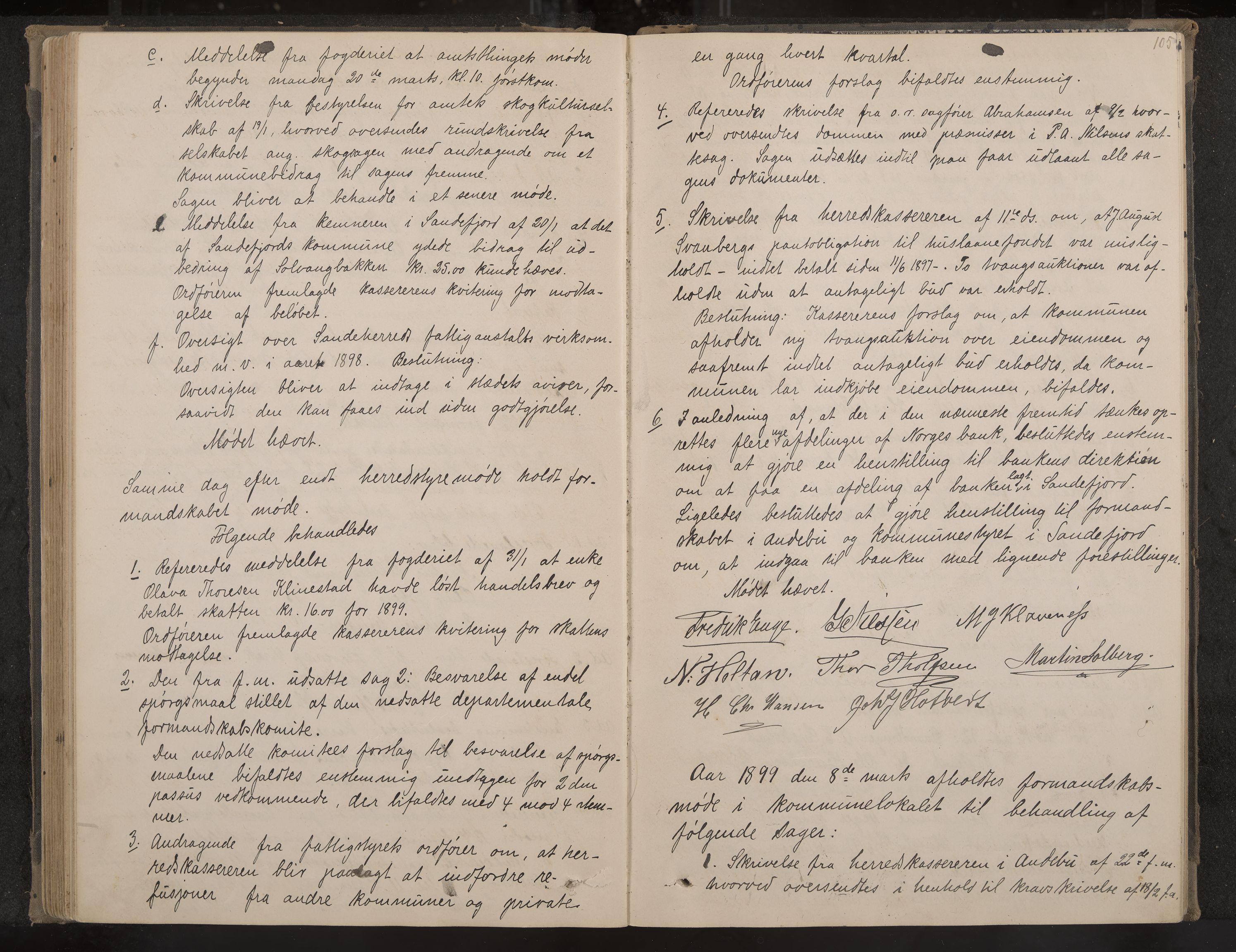 Sandar formannskap og sentraladministrasjon, IKAK/0724021/A/Aa/L0002: Møtebok, 1895-1900, p. 105