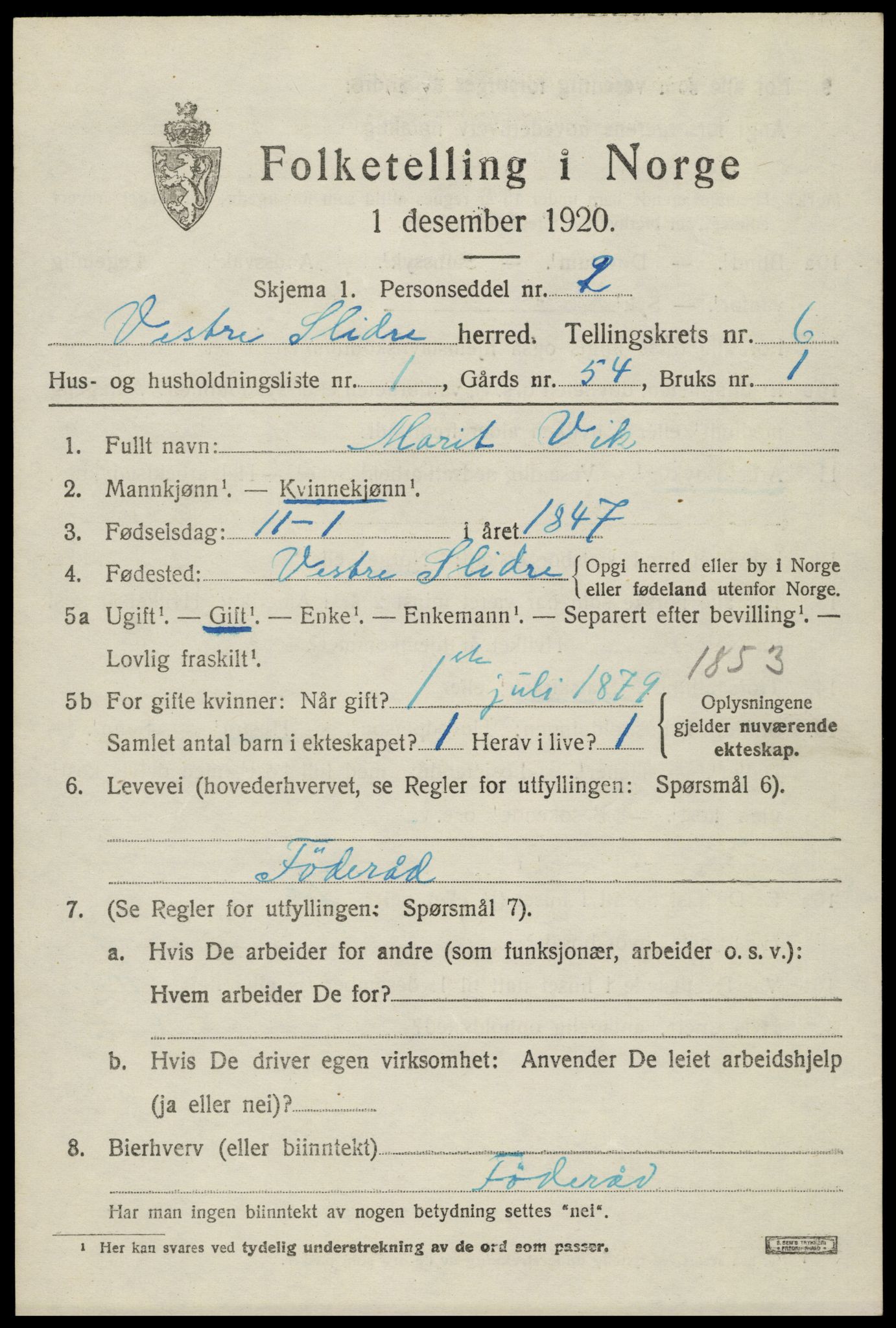 SAH, 1920 census for Vestre Slidre, 1920, p. 3258