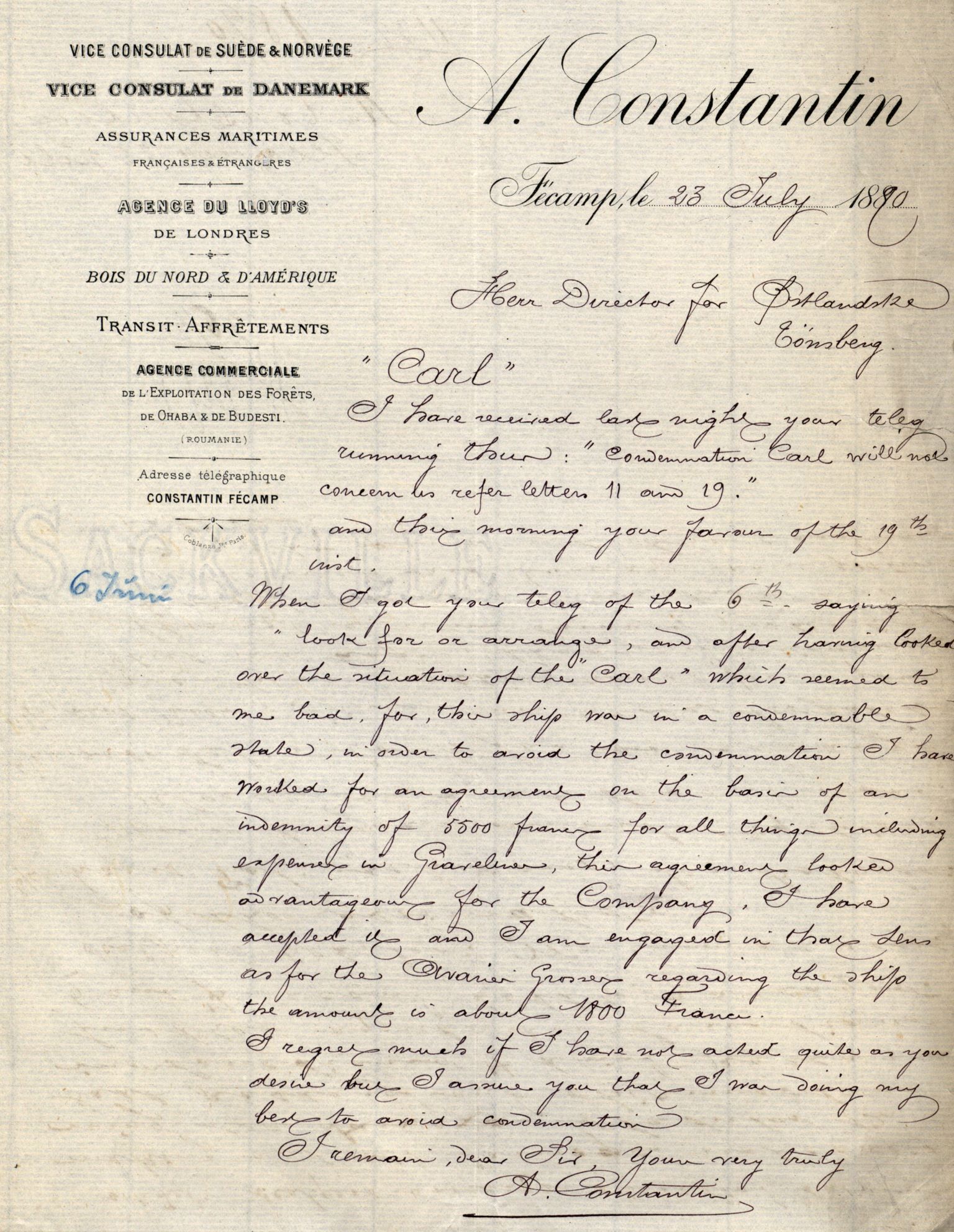 Pa 63 - Østlandske skibsassuranceforening, VEMU/A-1079/G/Ga/L0025/0003: Havaridokumenter / Josephine, Carl, Johanna, Castro, Comorin, Corona, 1890, p. 12