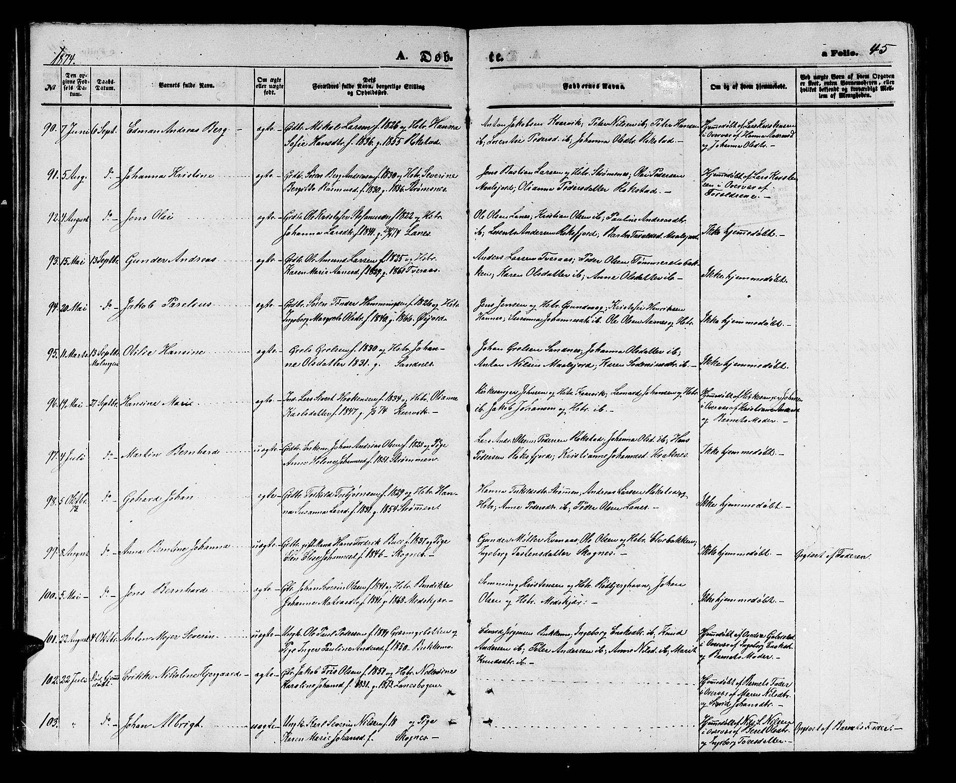 Lenvik sokneprestembete, AV/SATØ-S-1310/H/Ha/Hab/L0005klokker: Parish register (copy) no. 5, 1870-1880, p. 45