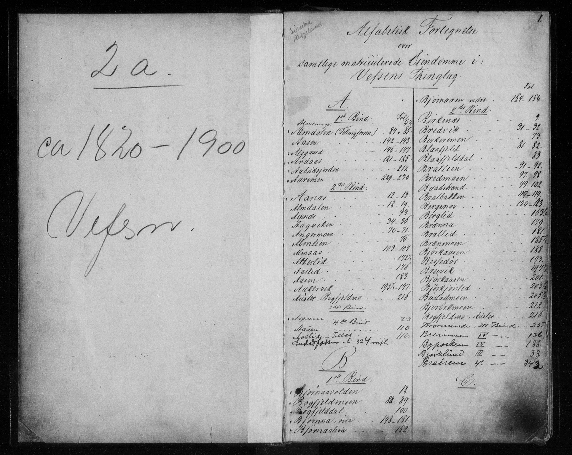 Søndre Helgeland sorenskriveri, SAT/A-4575/1/2/2A/2Aa/L0002: Mortgage register no. 2, 1820-1900, p. 1