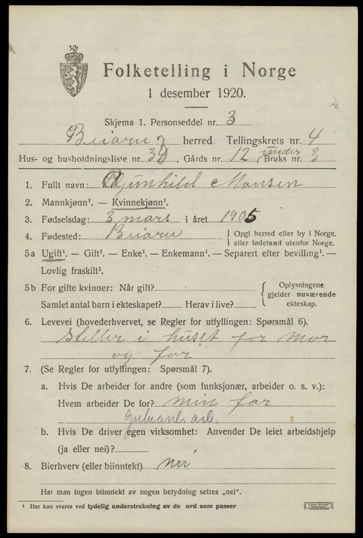 SAT, 1920 census for Beiarn, 1920, p. 2074
