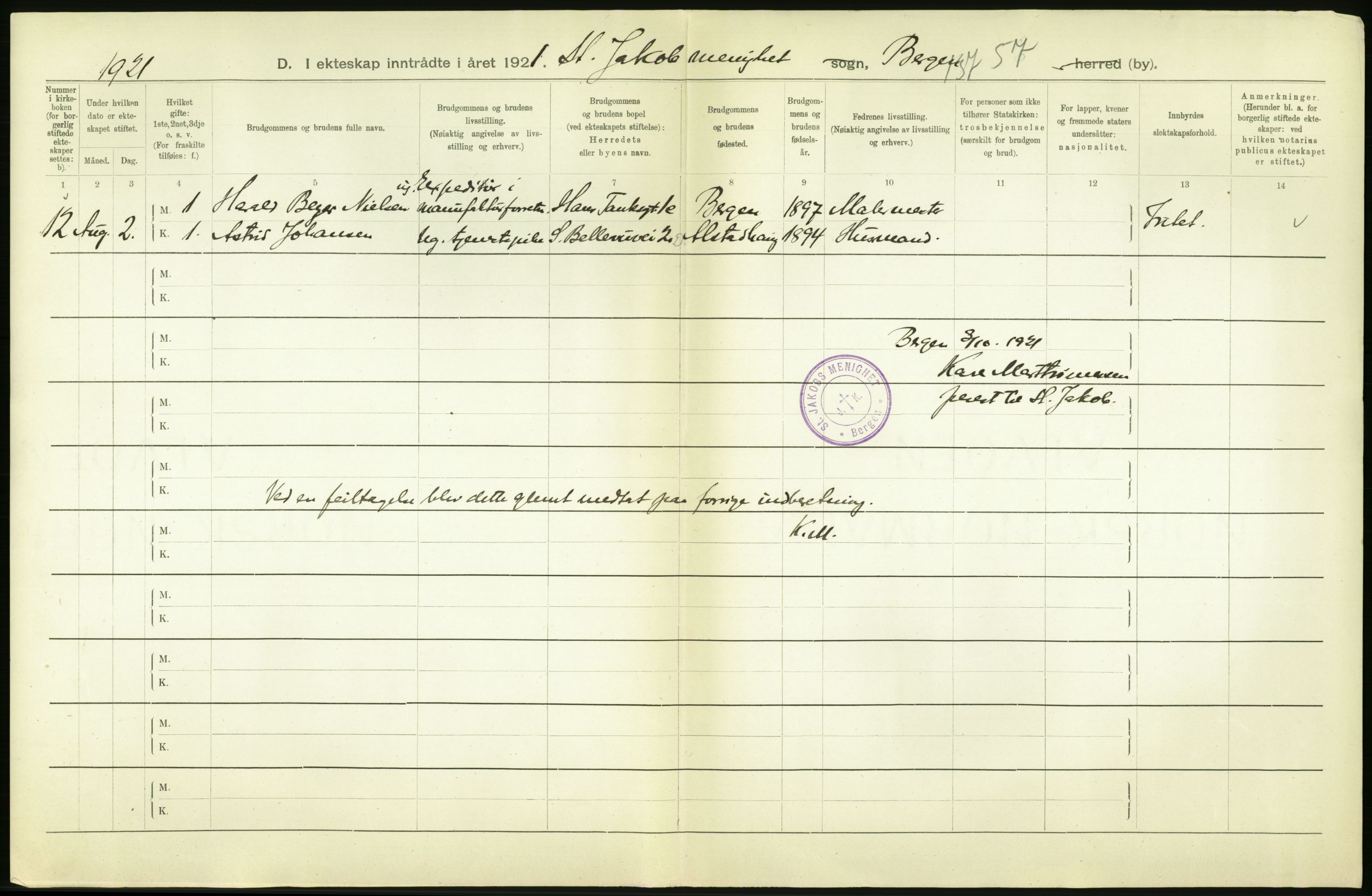 Statistisk sentralbyrå, Sosiodemografiske emner, Befolkning, AV/RA-S-2228/D/Df/Dfc/Dfca/L0035: Bergen: Gifte, dødfødte., 1921, p. 14