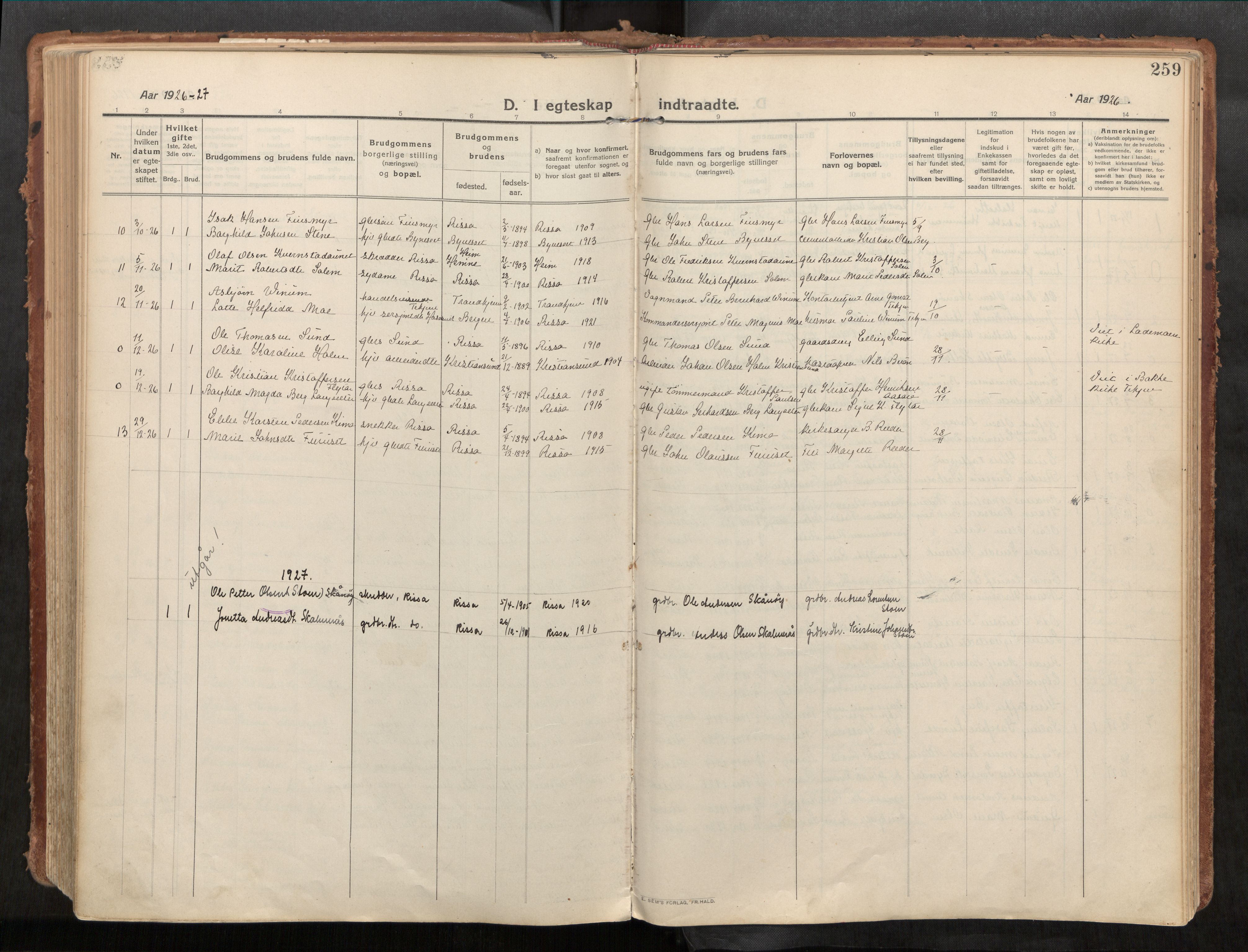 Stadsbygd sokneprestkontor, AV/SAT-A-1117/1/I/I1/I1a/L0001: Parish register (official) no. 1, 1911-1929, p. 259