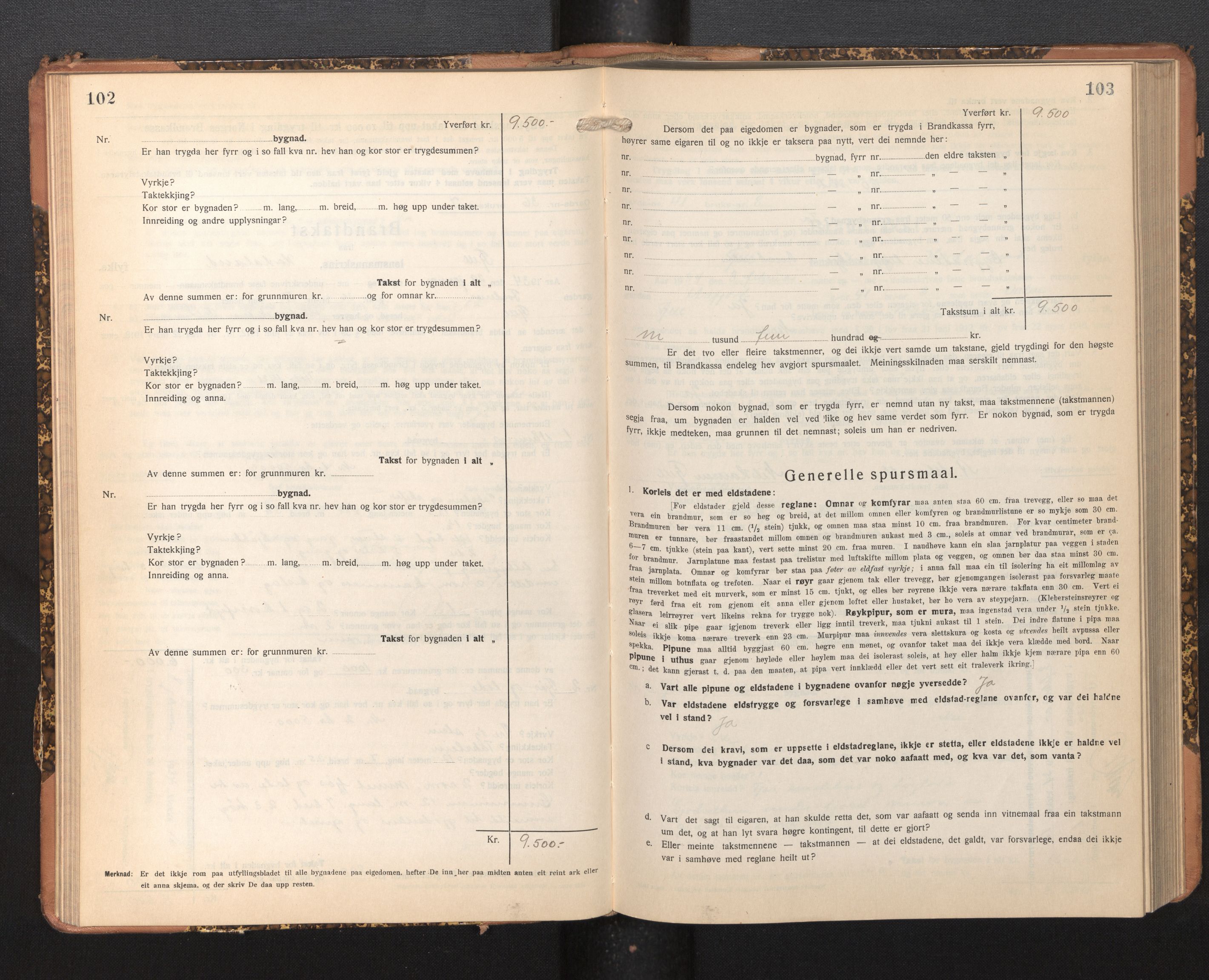 Lensmannen i Fjell, SAB/A-32301/0012/L0006: Branntakstprotokoll, skjematakst, 1931-1945, p. 102-103