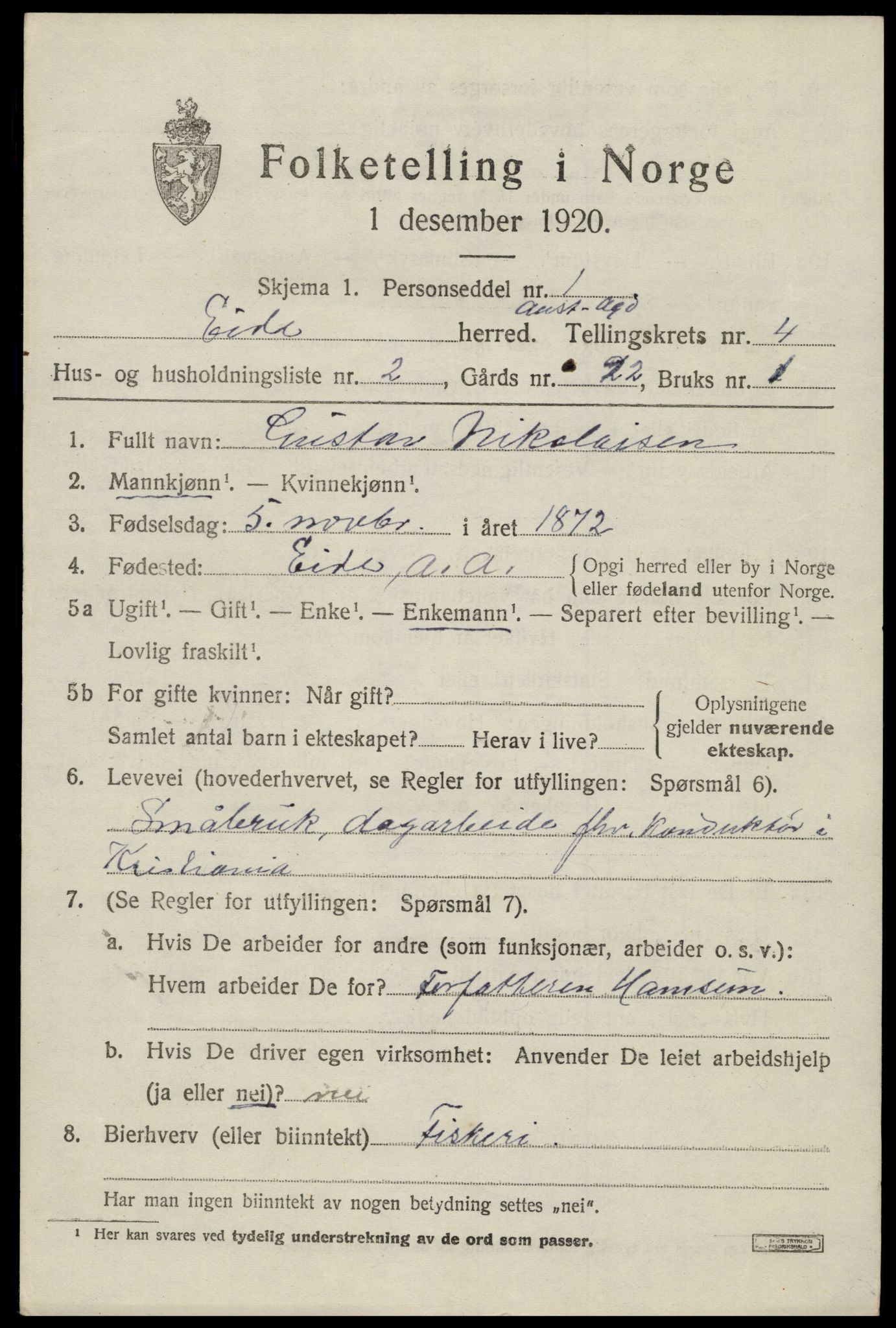 SAK, 1920 census for Eide, 1920, p. 1164