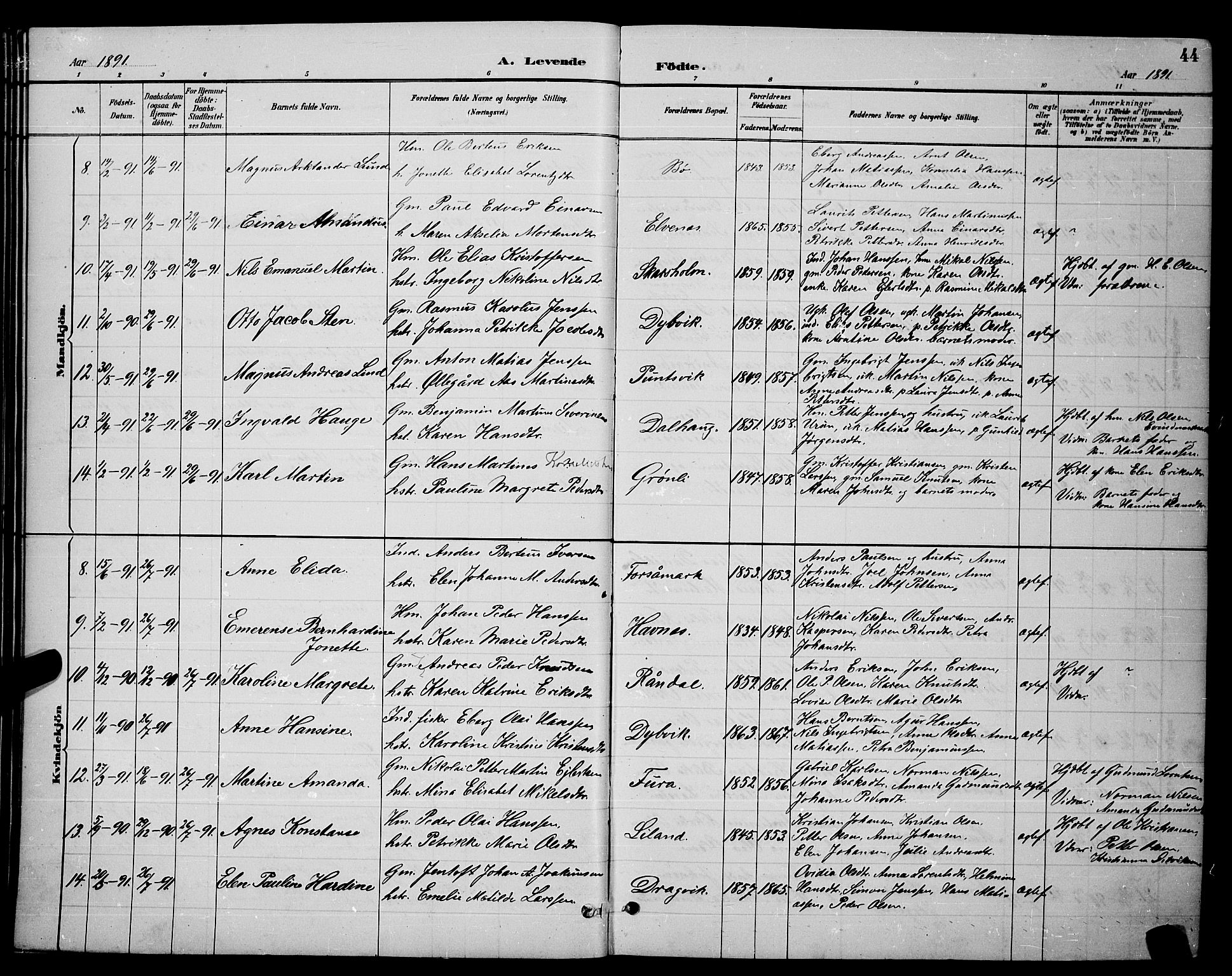 Ministerialprotokoller, klokkerbøker og fødselsregistre - Nordland, SAT/A-1459/863/L0914: Parish register (copy) no. 863C04, 1886-1897, p. 44