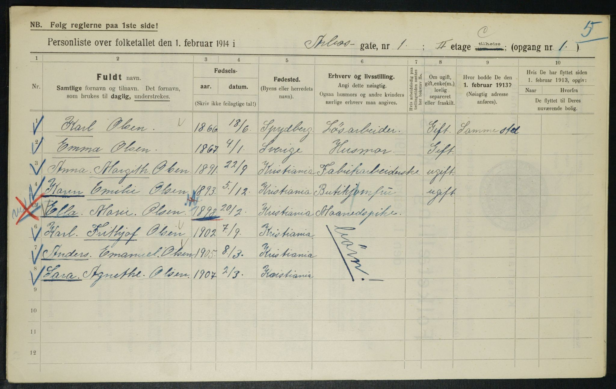 OBA, Municipal Census 1914 for Kristiania, 1914, p. 1723