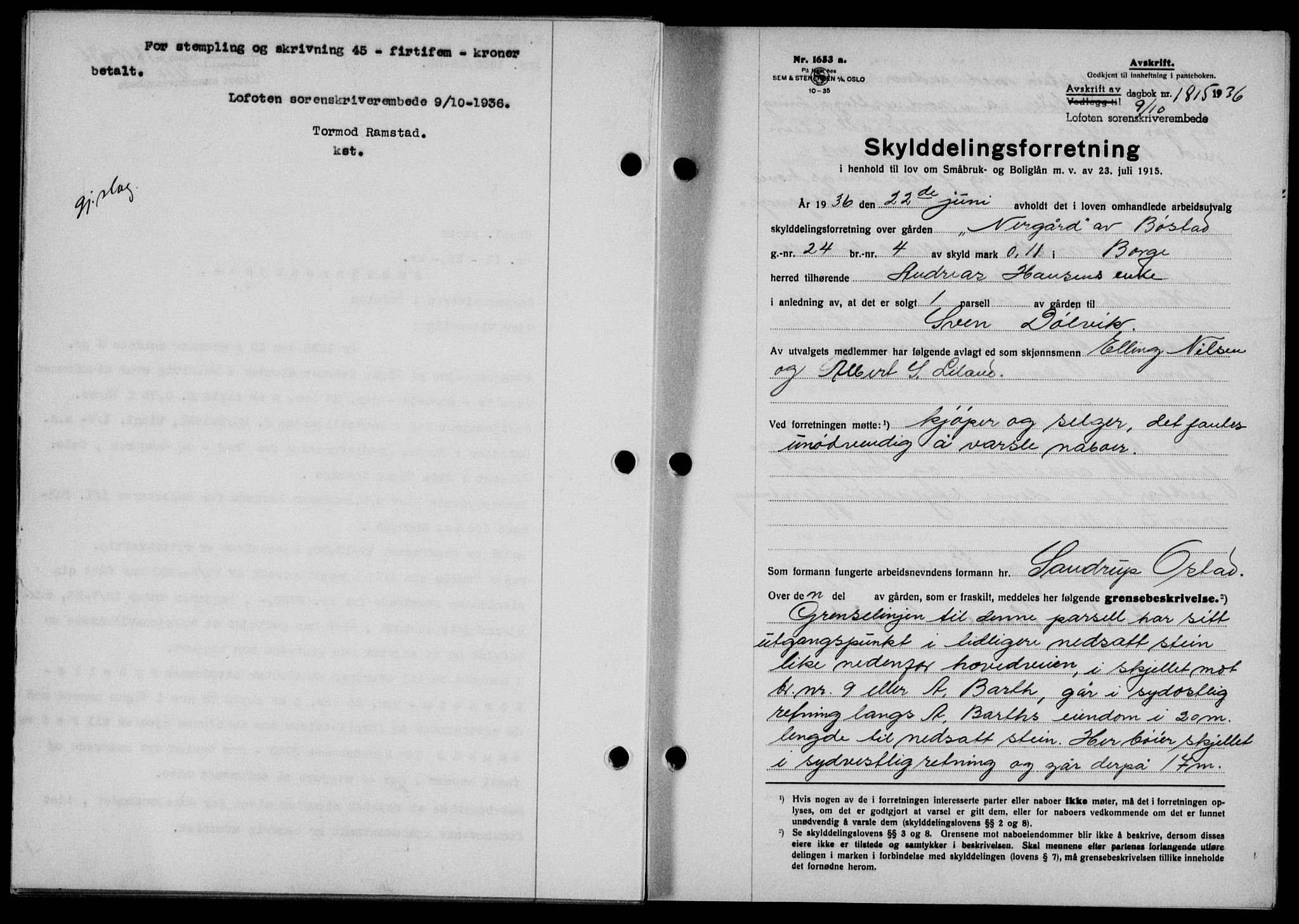 Lofoten sorenskriveri, SAT/A-0017/1/2/2C/L0001a: Mortgage book no. 1a, 1936-1937, Diary no: : 1815/1936