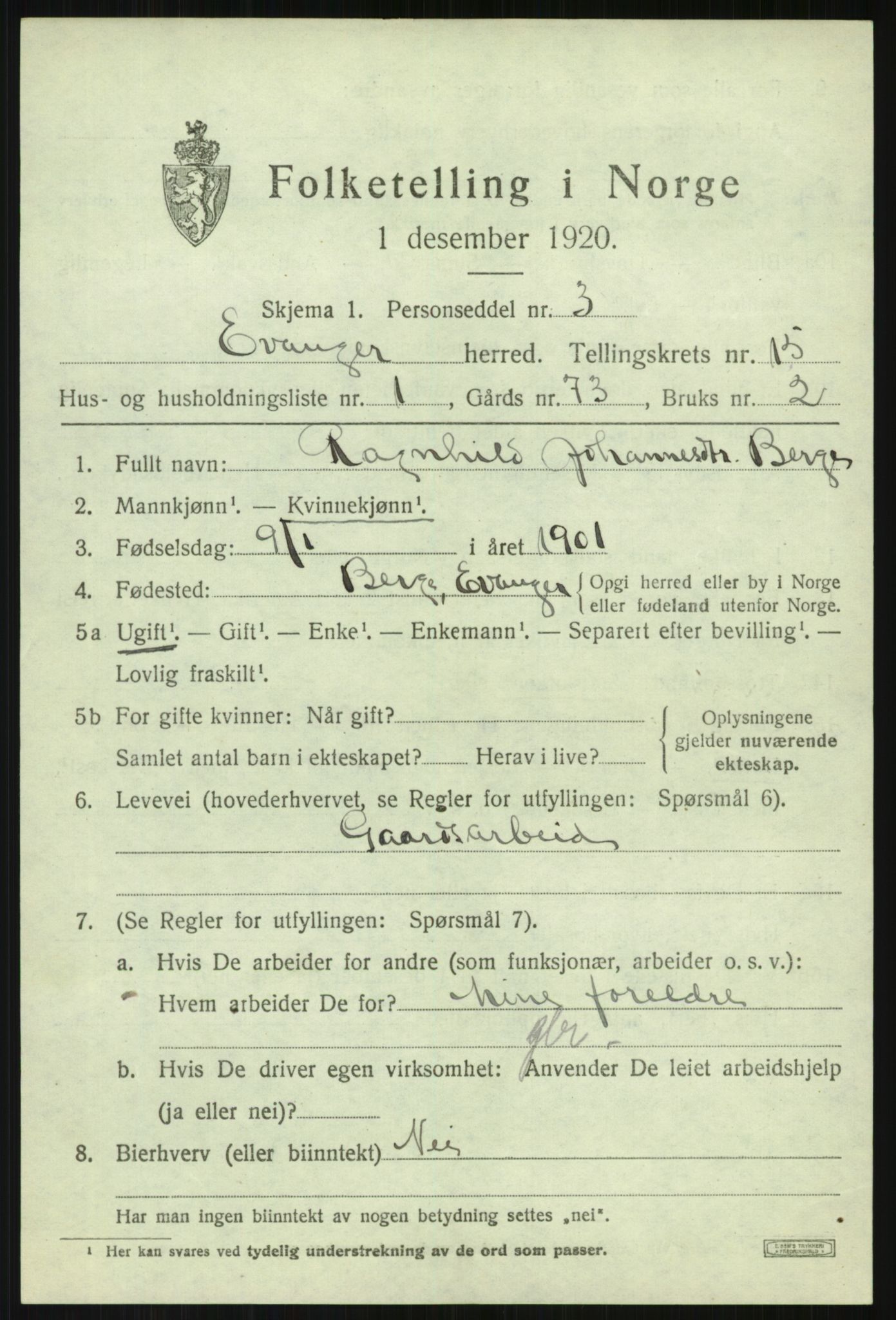 SAB, 1920 census for Evanger, 1920, p. 4089