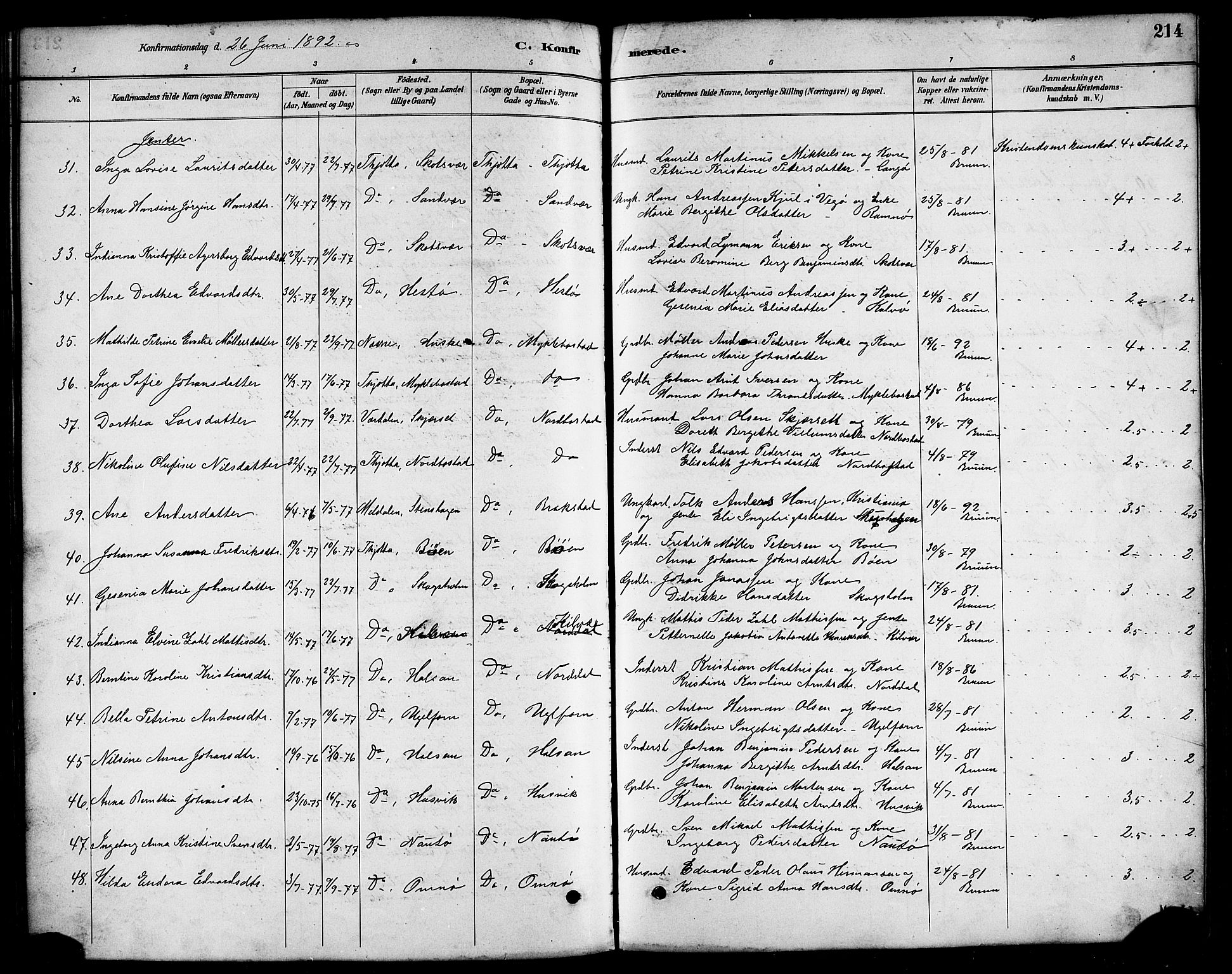 Ministerialprotokoller, klokkerbøker og fødselsregistre - Nordland, AV/SAT-A-1459/817/L0268: Parish register (copy) no. 817C03, 1884-1920, p. 214