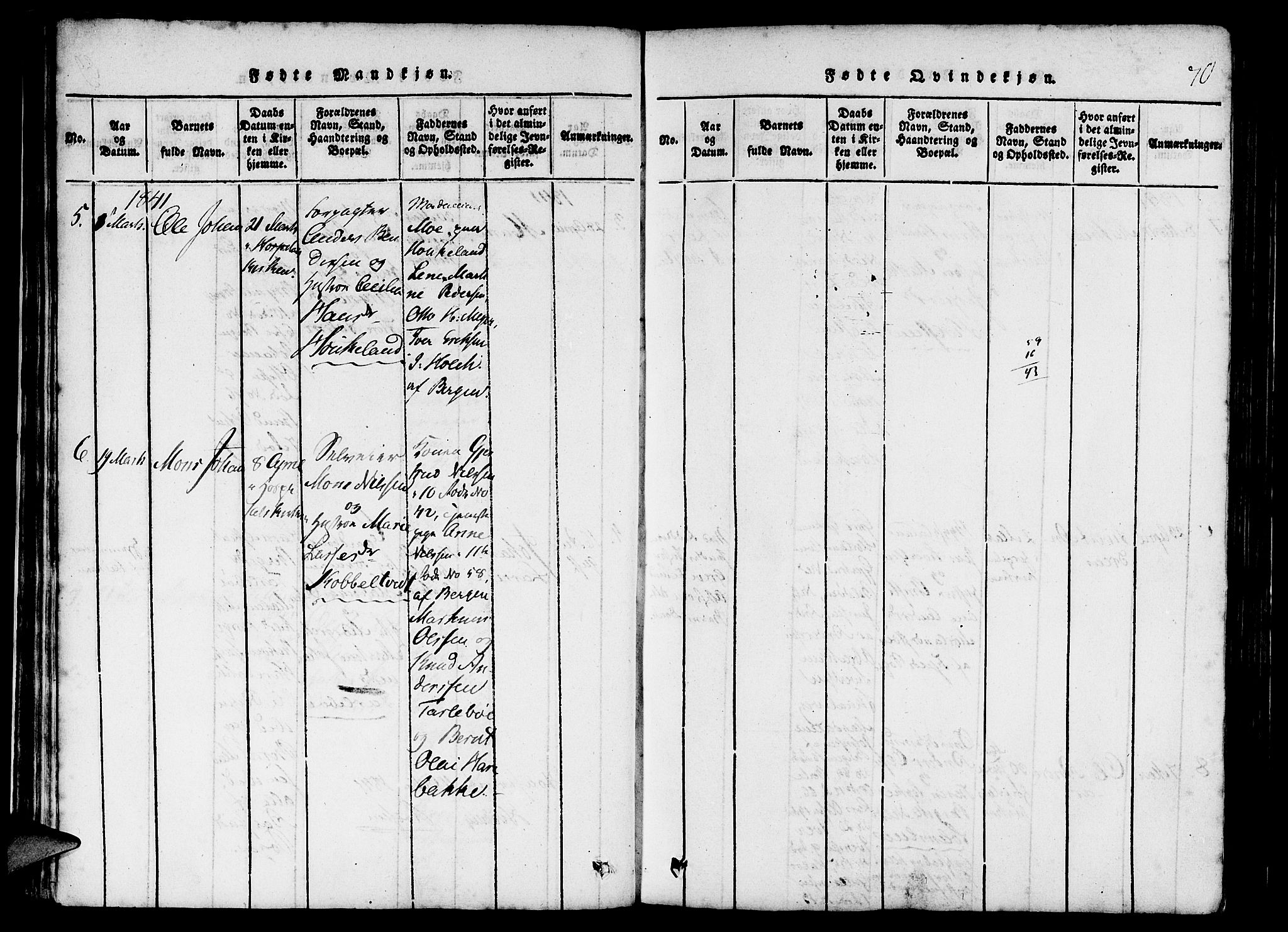 St. Jørgens hospital og Årstad sokneprestembete, AV/SAB-A-99934: Parish register (official) no. A 3, 1815-1843, p. 70