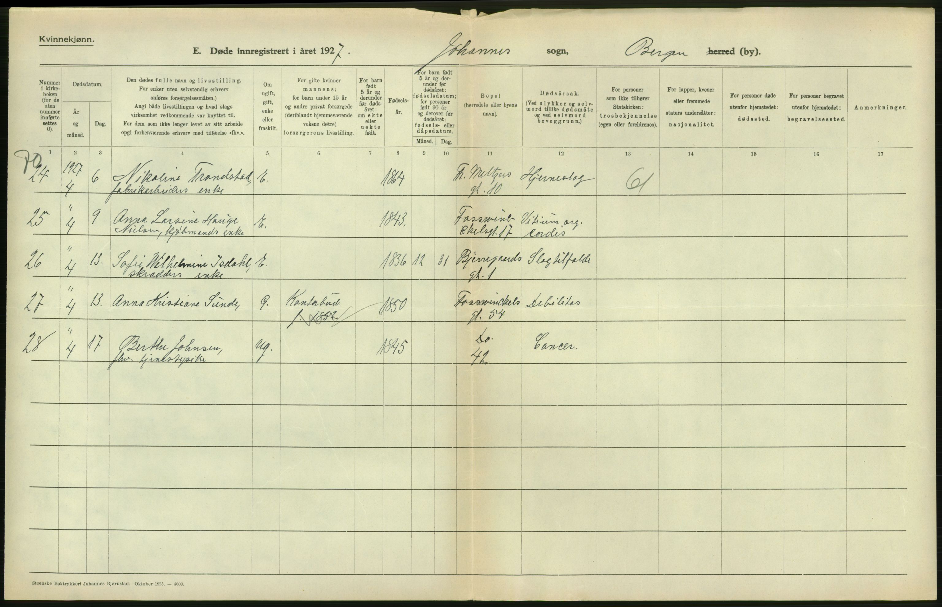 Statistisk sentralbyrå, Sosiodemografiske emner, Befolkning, RA/S-2228/D/Df/Dfc/Dfcg/L0028: Bergen: Gifte, døde., 1927, p. 352